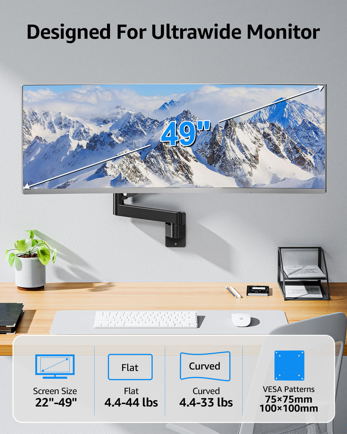 MOUNTUP Monitor Wall Mount for 49 45 43 40 35 32 27 24 Inch Screens, Heavy Duty Wall Monitor Mount, Holds 4.4 to 44 lbs, Ultrawide Gas Spring Monitors Arm Wall Mount, VESA Mount 75x75/100x100mm