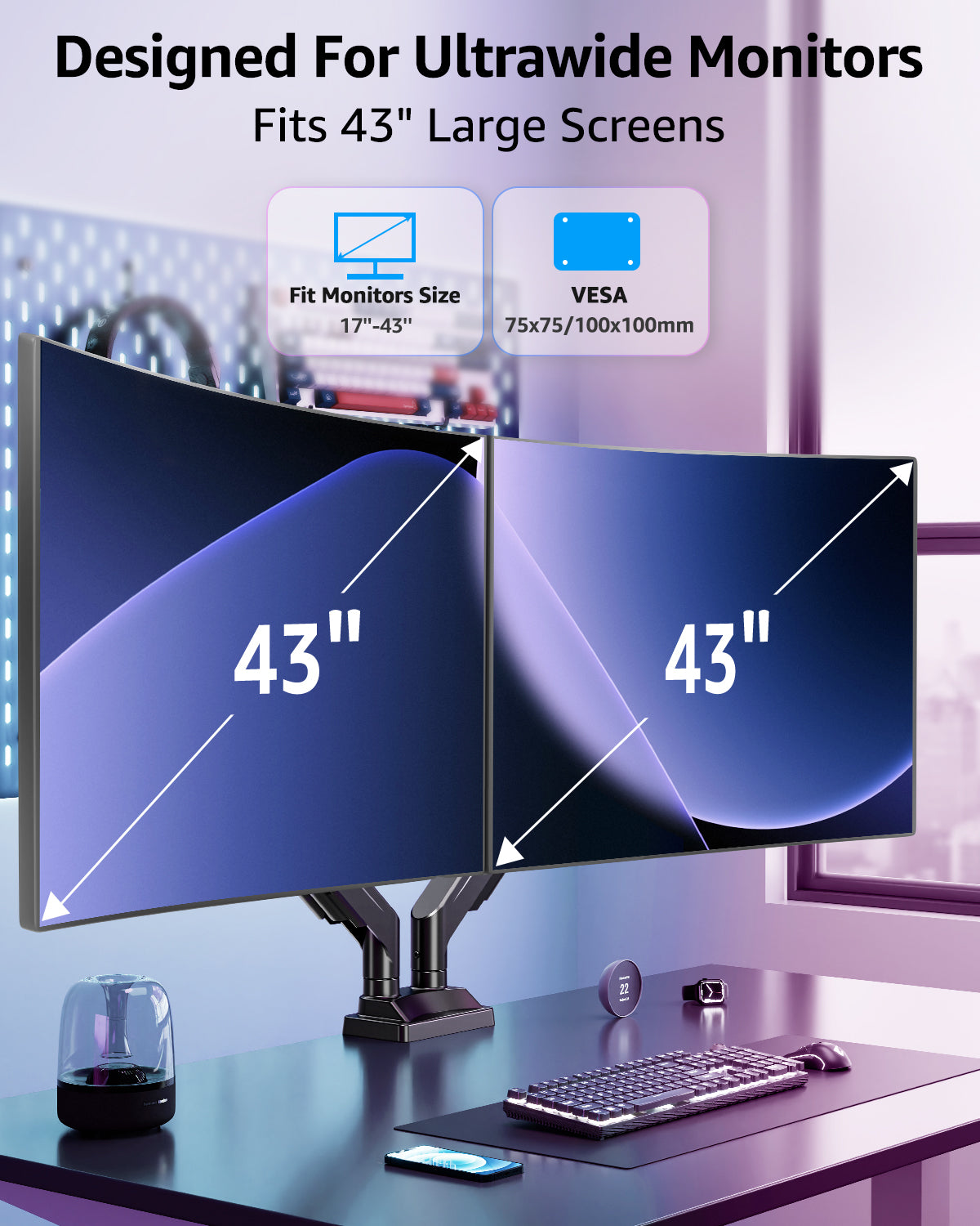 MOUNTUP Dual Monitor Stand for Max 43 inch Screens, Ultrawide Monitor Arm Height Adjustable, Heavy Duty Dual Monitor Mount, Full Motion Premium Gas Spring Arm, Holds up to 33 lbs, VESA Desk Mount