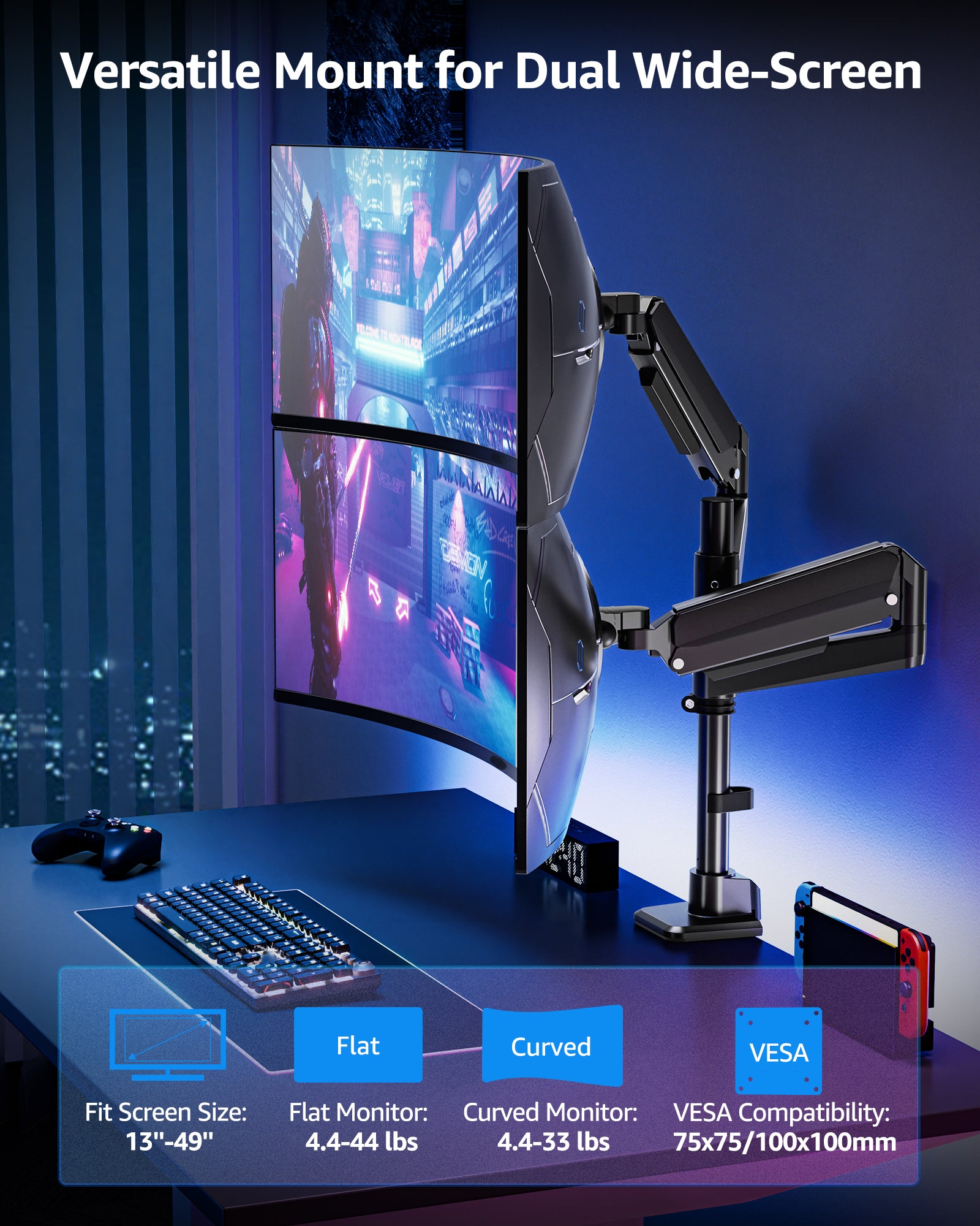 MOUNTUP Dual Monitor Stand for 49'' Curved Screen Stacking, Heavy Duty Dual Monitor Arm Holds 4.4 44 lbs, Vertical Stacked Monitors Desk Mount, Full Motion, Height Adjustable, VESA Mount 75/100