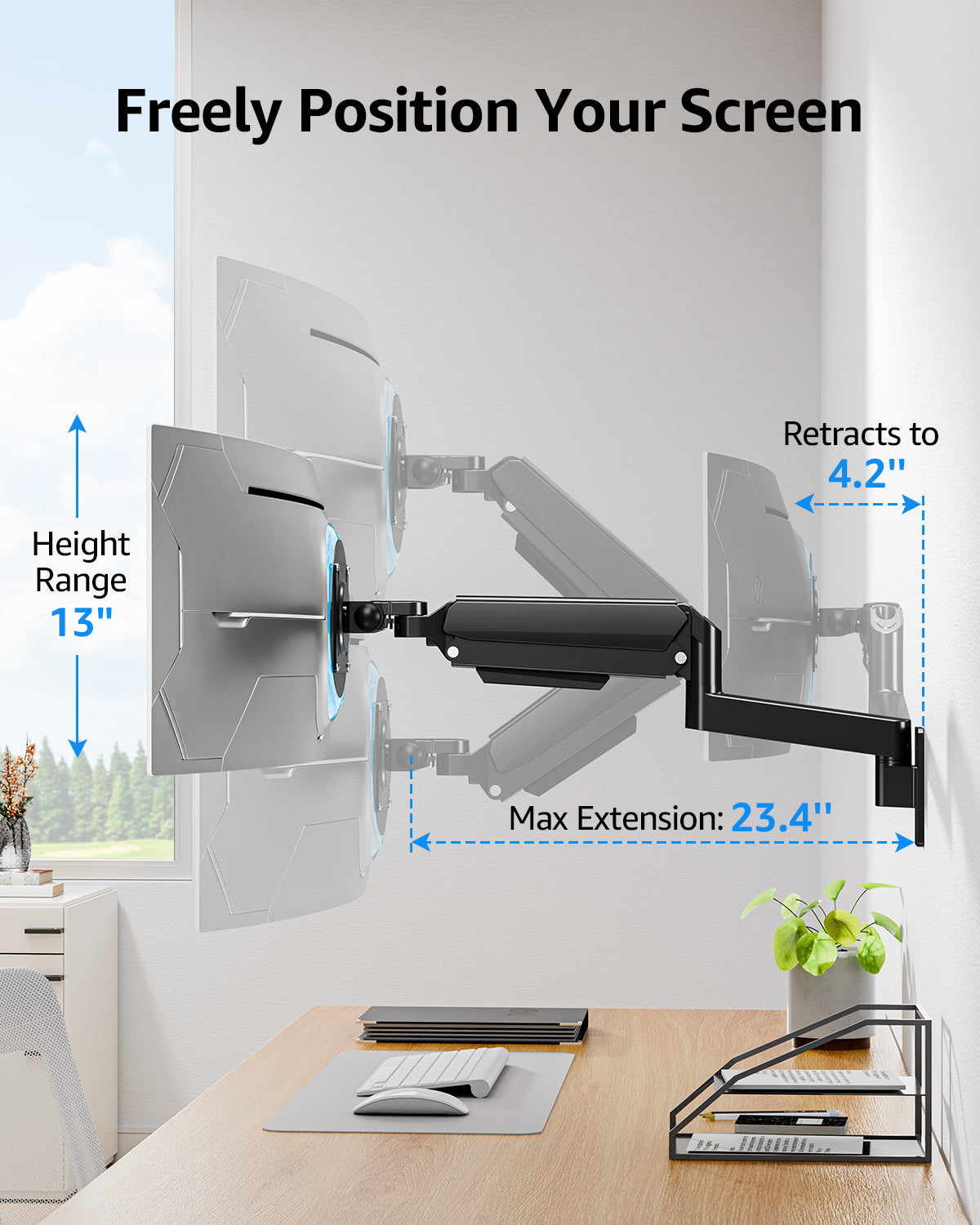 MOUNTUP Monitor Wall Mount for 49 45 43 40 35 32 27 24 Inch Screens, Heavy Duty Wall Monitor Mount, Holds 4.4 to 44 lbs, Ultrawide Gas Spring Monitors Arm Wall Mount, VESA Mount 75x75/100x100mm