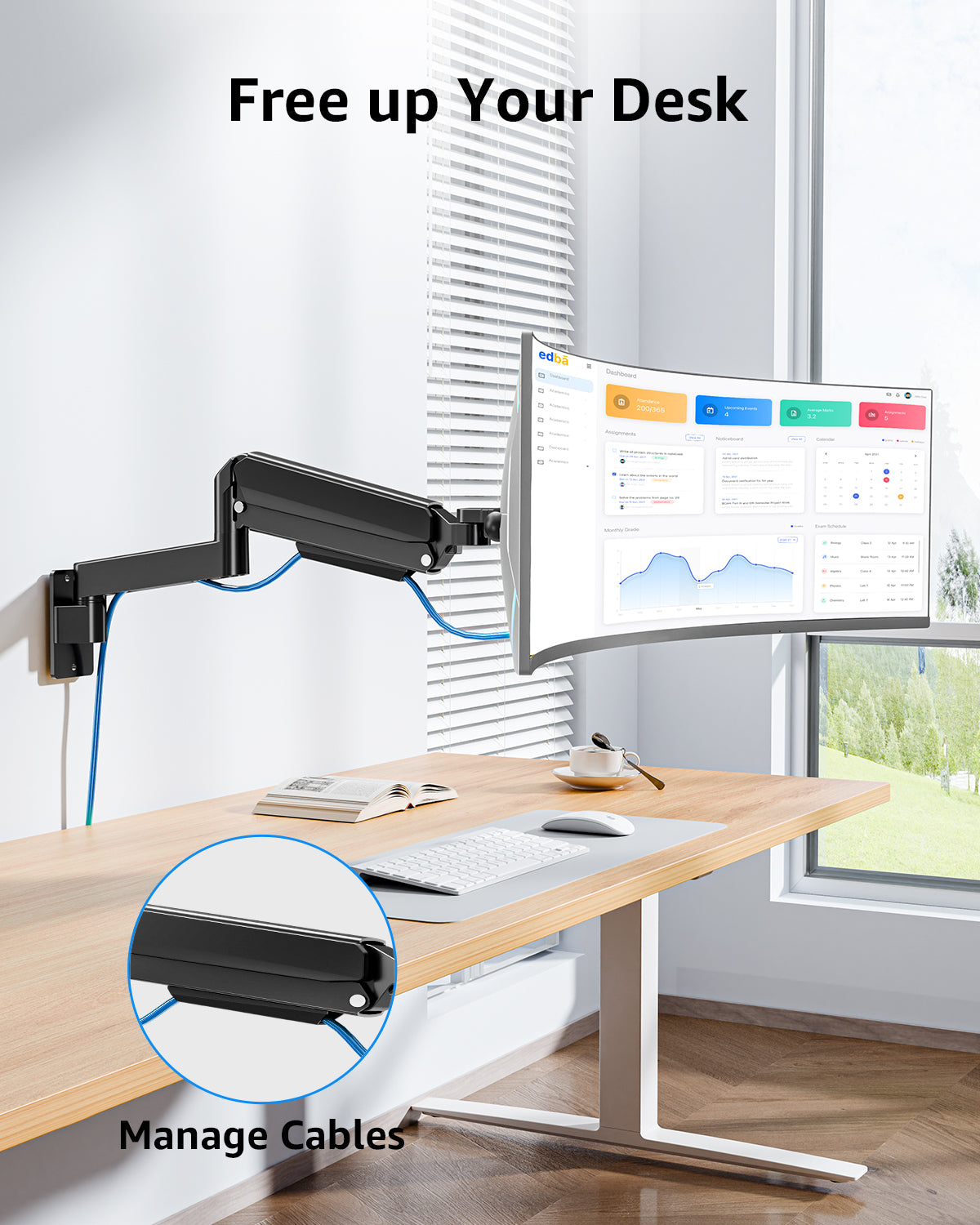 MOUNTUP Monitor Wall Mount for 49 45 43 40 35 32 27 24 Inch Screens, Heavy Duty Wall Monitor Mount, Holds 4.4 to 44 lbs, Ultrawide Gas Spring Monitors Arm Wall Mount, VESA Mount 75x75/100x100mm