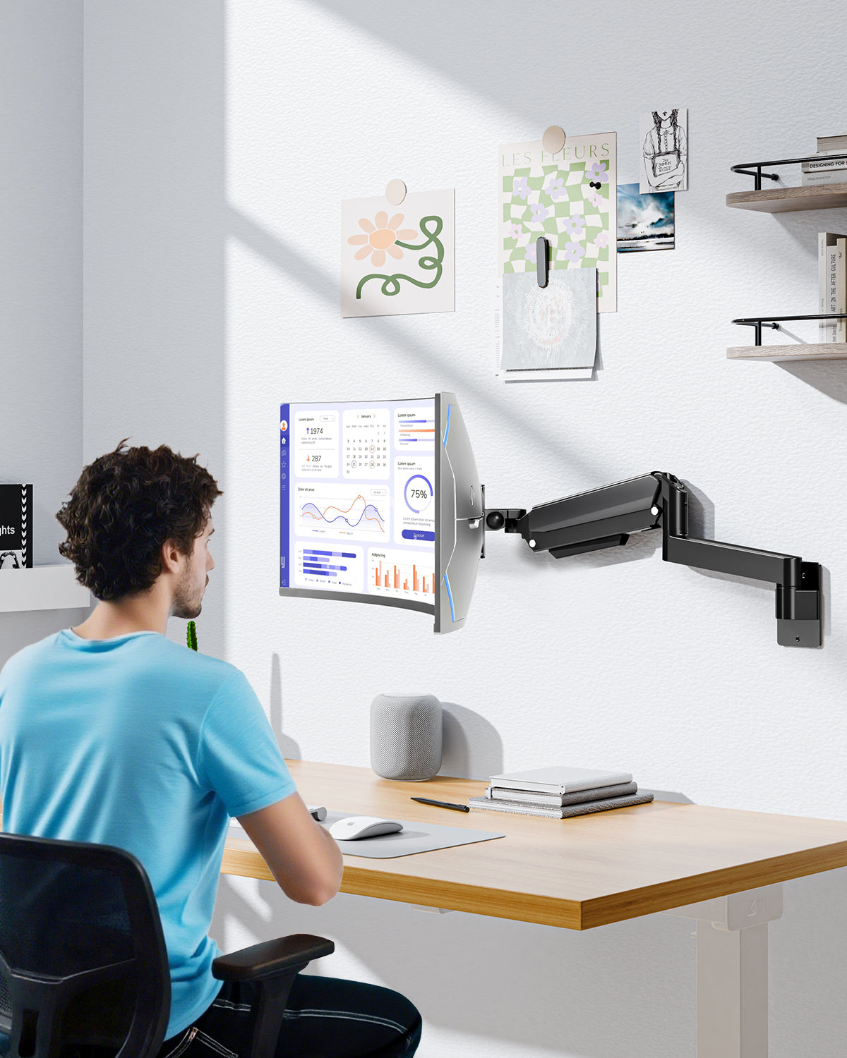 MOUNTUP Monitor Wall Mount for 49 45 43 40 35 32 27 24 Inch Screens, Heavy Duty Wall Monitor Mount, Holds 4.4 to 44 lbs, Ultrawide Gas Spring Monitors Arm Wall Mount, VESA Mount 75x75/100x100mm