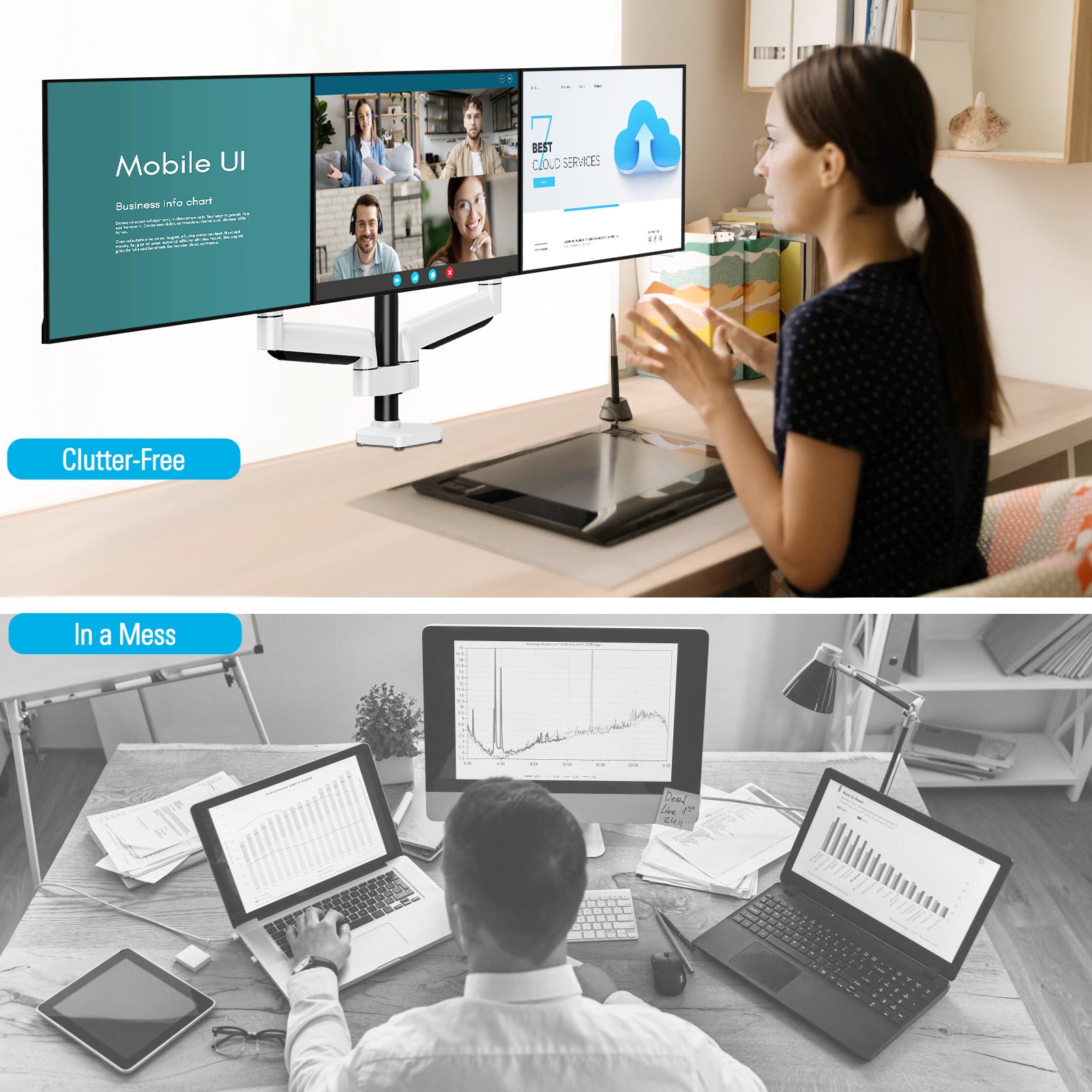 Vollbewegliche Dreifach-Monitor-Tischhalterung für maximal 32-Zoll-Monitore MUM-8003A
