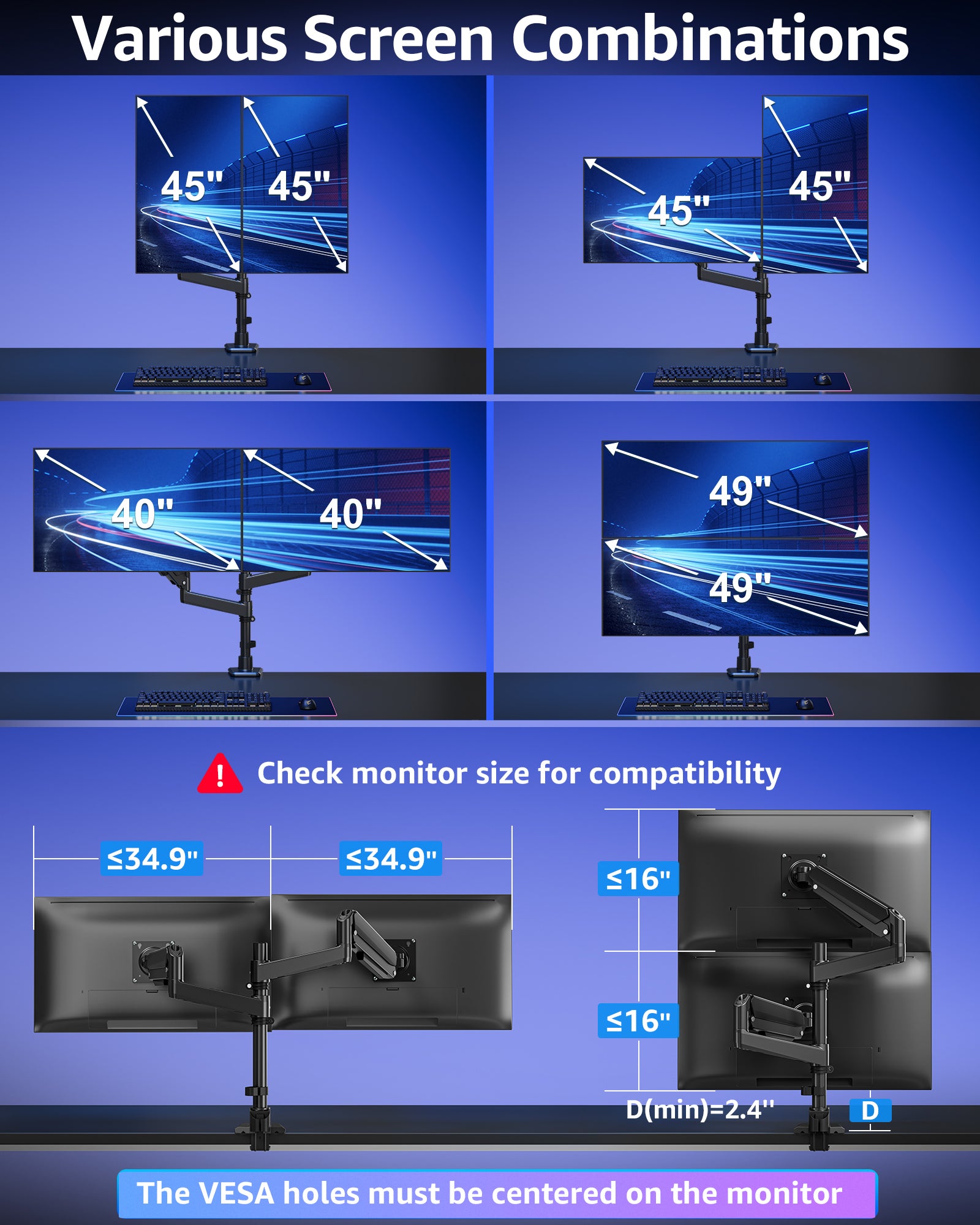 MOUNTUP Dual Monitor Stand for 49'' Curved Screen Stacking, Heavy Duty Dual Monitor Arm Holds 4.4 44 lbs, Vertical Stacked Monitors Desk Mount, Full Motion, Height Adjustable, VESA Mount 75/100