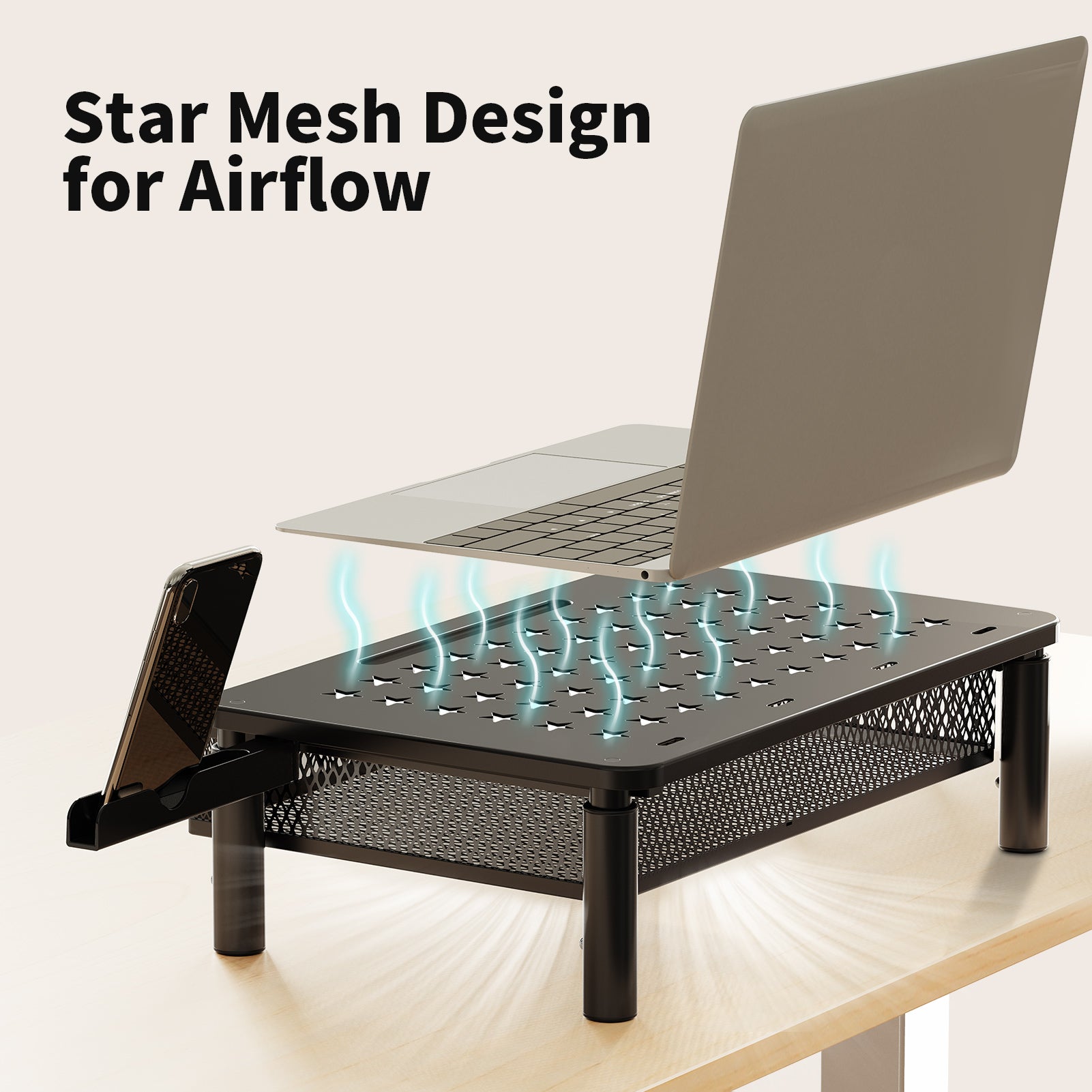 View Free Monitor Stand Riser with Metal Mesh Drawer, Height Adjustable with Phone Holder VF93103