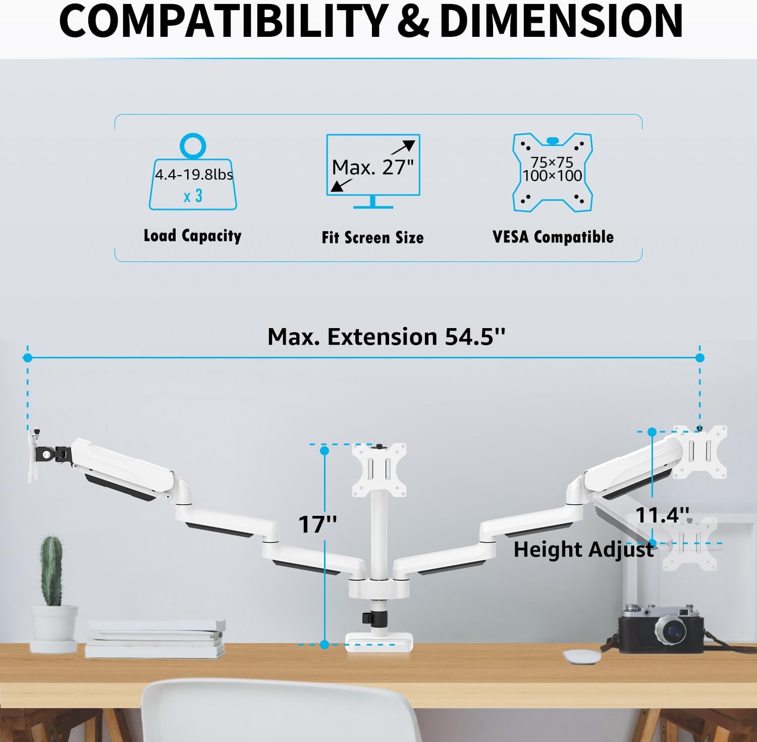 MOUNTUP Triple Monitor Stand Mount - 3 Monitors Desk Mount for Computer Screens Up to 27 inch, Triple Monitor Arm with Gas Spring, Heavy Duty Monitors Stand, Each Arm Holds Up to 19.8 lbs, White