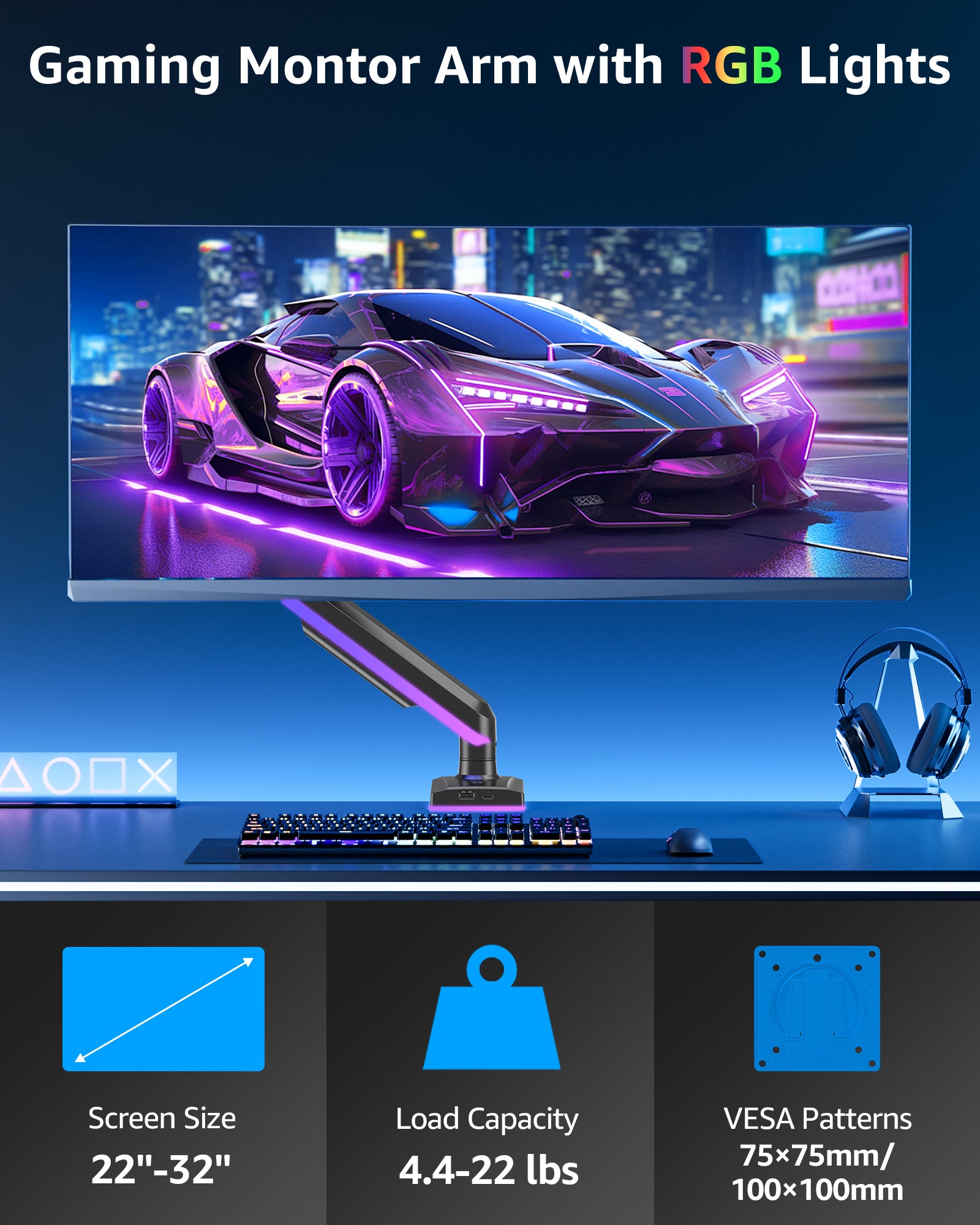 MOUNTUP RGB Single Monitor Arm Fits 32 27 24 22 inch, Holds 4.4-22lbs Screens, Monitor Stand for Desk with RGB Lights, 19 Modes, Computer Monitors Desk Mount, VESA Mount with Clamp & Grommet Bases