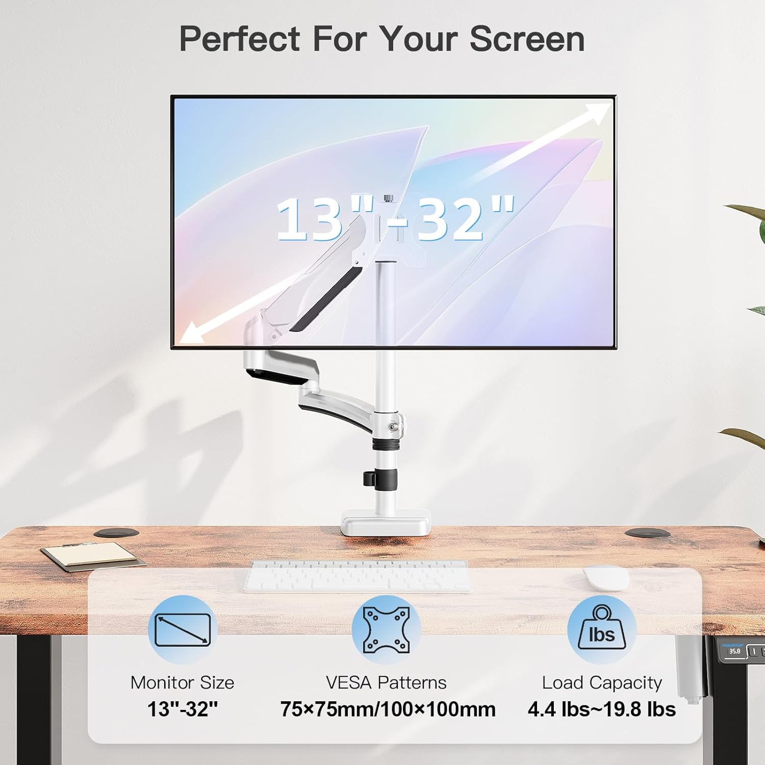 MOUNTUP Single Monitor Desk Mount, Monitor Mount for 13-32 inch, Long Arm Full-Motion Monitors Stand Holds Max 19.8lbs, Height Adjustable Gas Spring Monitors Arm with C-Clamp&Grommet Base, White