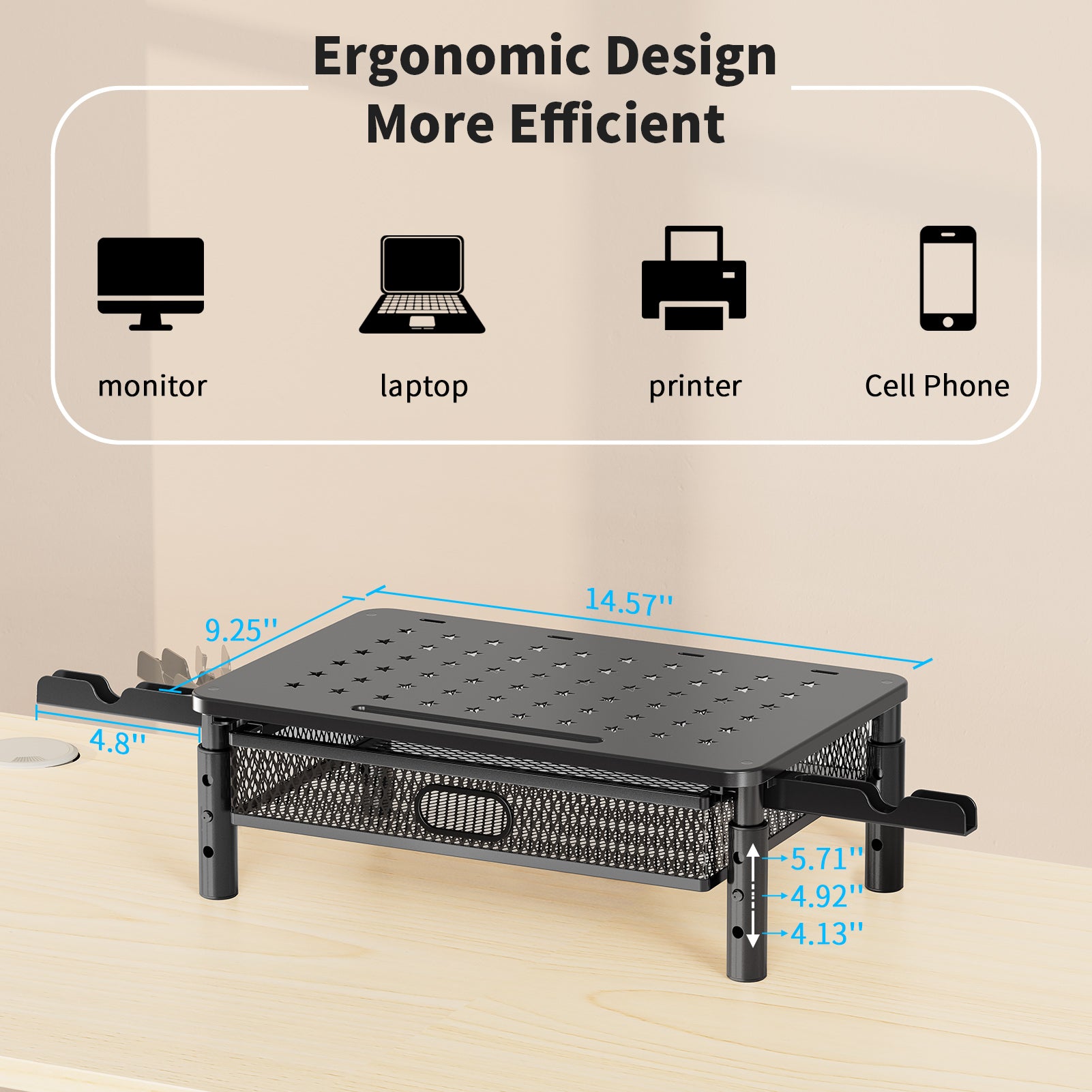 View Free Monitor Stand Riser with Metal Mesh Drawer, Height Adjustable with Phone Holder VF93103