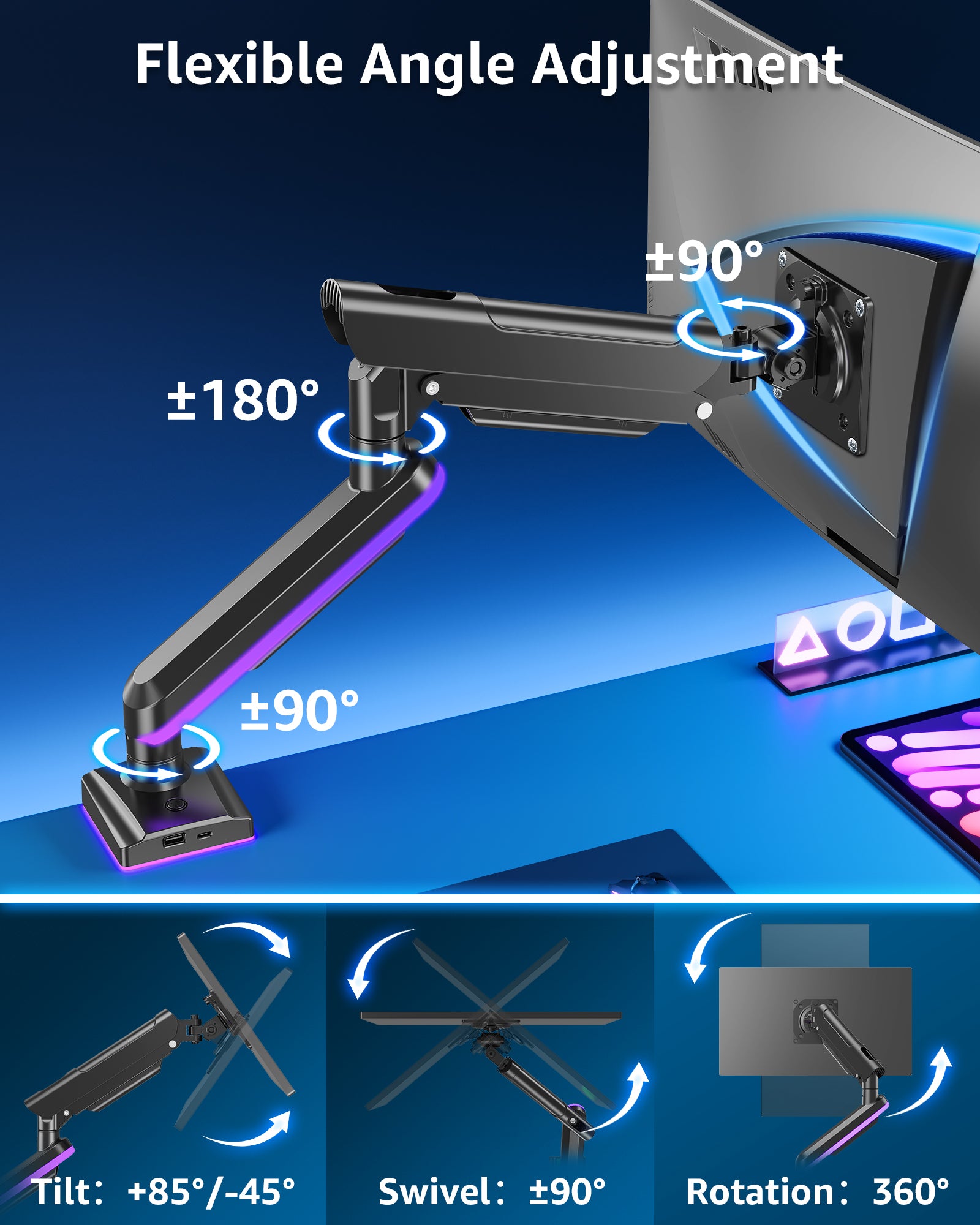 MOUNTUP RGB Single Monitor Arm Fits 32 27 24 22 inch, Holds 4.4-22lbs Screens, Monitor Stand for Desk with RGB Lights, 19 Modes, Computer Monitors Desk Mount, VESA Mount with Clamp & Grommet Bases