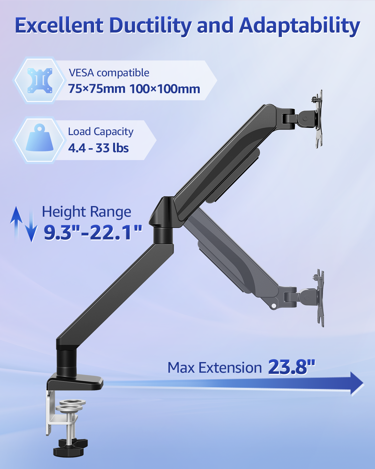 MOUNTUP Heavy Duty Single Monitor Arm Holds up to 33lbs, Monitor Stand for Desk for Max 42 Inch Screens, Height Adjustable Gas Spring Ultrawide Monitors Mount with C-Clamp & Grommet Base