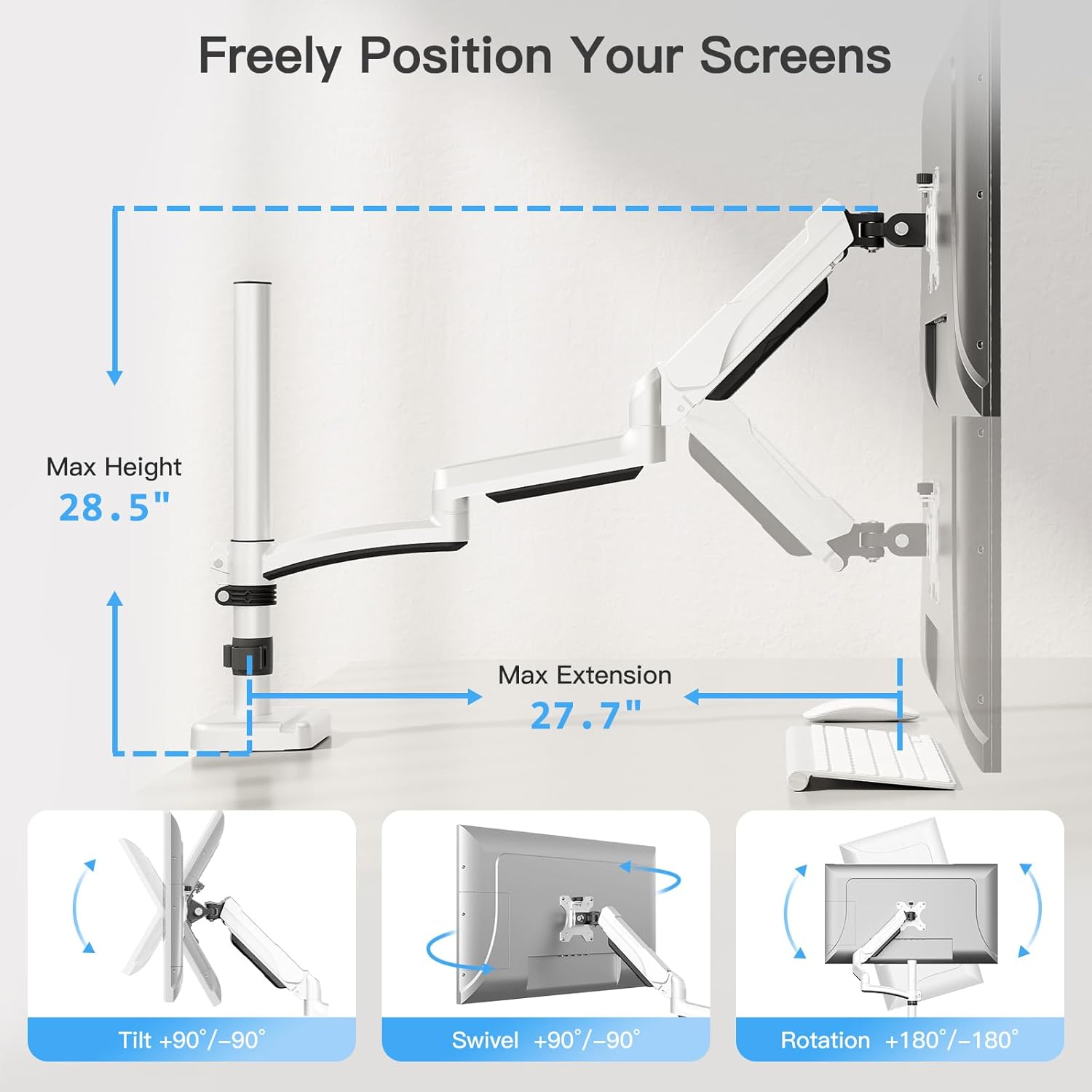 MOUNTUP Single Monitor Desk Mount, Monitor Mount for 13-32 inch, Long Arm Full-Motion Monitors Stand Holds Max 19.8lbs, Height Adjustable Gas Spring Monitors Arm with C-Clamp&Grommet Base, White