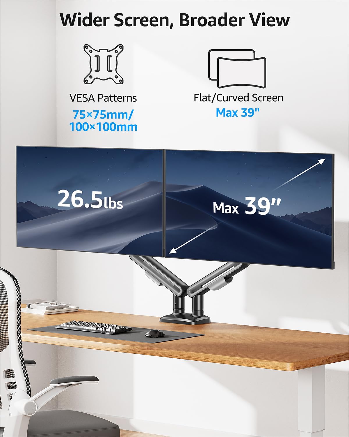 MOUNTUP Dual Monitor Mount Holds for 4.4-26.5lbs, Full-motion Monitors Stand Max 39 inch, Gas Spring Monitor Stand for 2 Monitor, Height Adjustable Monitors Desk Mount with C-Clamp&Grommet Base