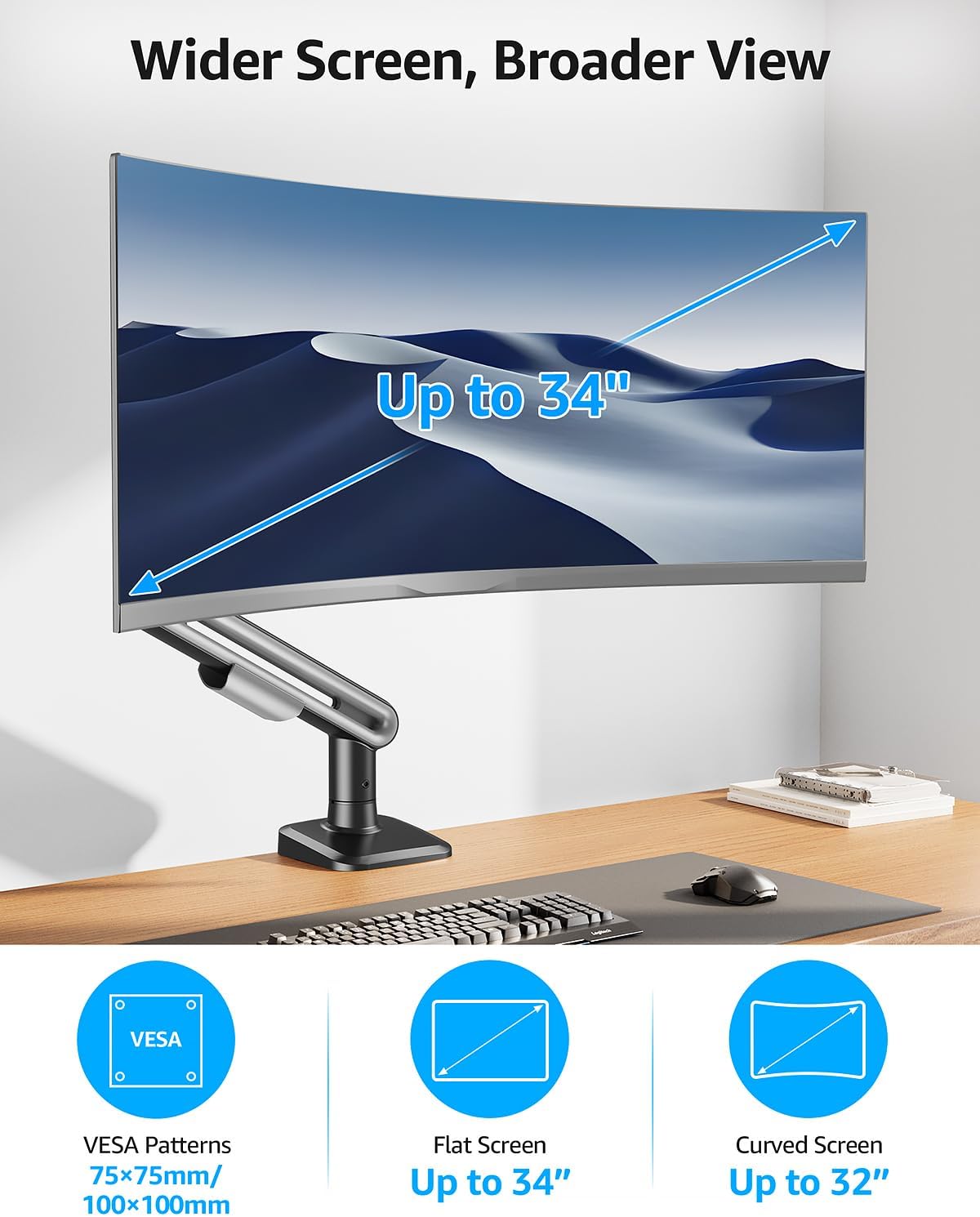 MOUNTUP Single Monitor Desk Mount Holds Max 26.5lbs, Monitor Mount for 13-34 inch, Full-Motion Monitors Stand, Height Adjustable Gas Spring Monitors Arm with C-Clamp&Grommet Base