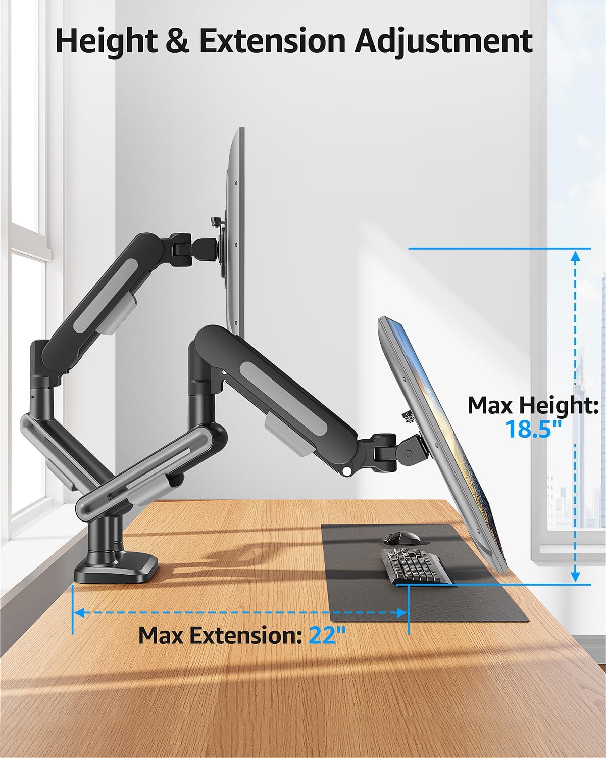 MOUNTUP Dual Monitor Mount Holds for 4.4-26.5lbs, Full-motion Monitors Stand Max 39 inch, Gas Spring Monitor Stand for 2 Monitor, Height Adjustable Monitors Desk Mount with C-Clamp&Grommet Base