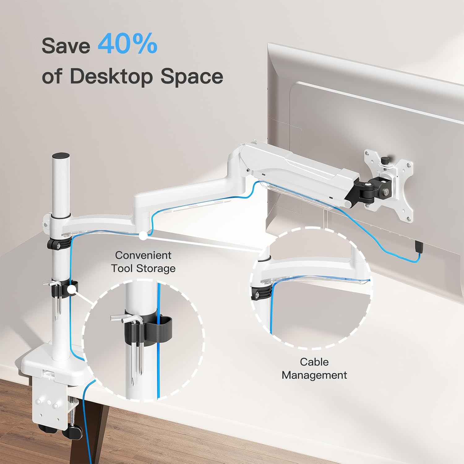 MOUNTUP Single Monitor Desk Mount, Monitor Mount for 13-32 inch, Long Arm Full-Motion Monitors Stand Holds Max 19.8lbs, Height Adjustable Gas Spring Monitors Arm with C-Clamp&Grommet Base, White