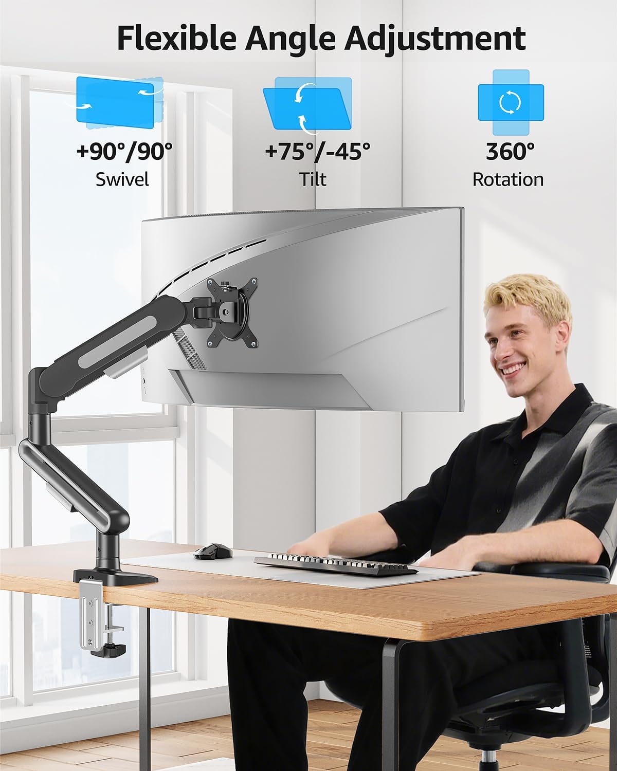 MOUNTUP Single Monitor Desk Mount Holds Max 26.5lbs, Monitor Mount for 13-34 inch, Full-Motion Monitors Stand, Height Adjustable Gas Spring Monitors Arm with C-Clamp&Grommet Base