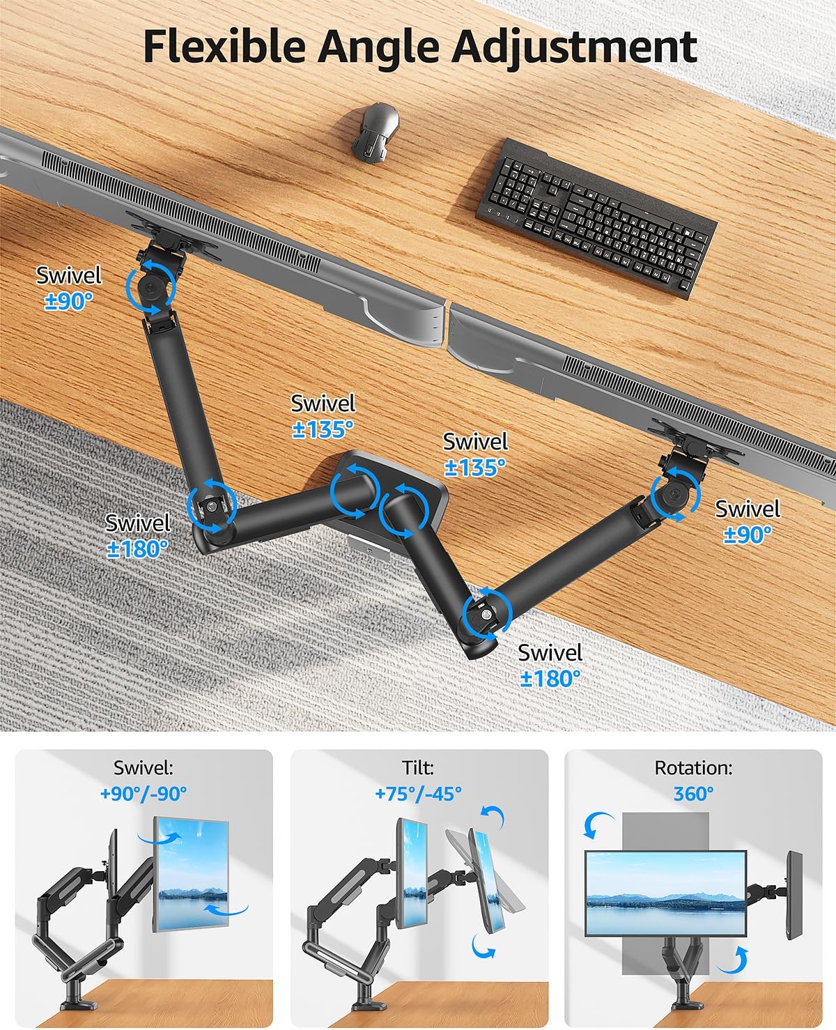 MOUNTUP Dual Monitor Mount Holds for 4.4-26.5lbs, Full-motion Monitors Stand Max 39 inch, Gas Spring Monitor Stand for 2 Monitor, Height Adjustable Monitors Desk Mount with C-Clamp&Grommet Base