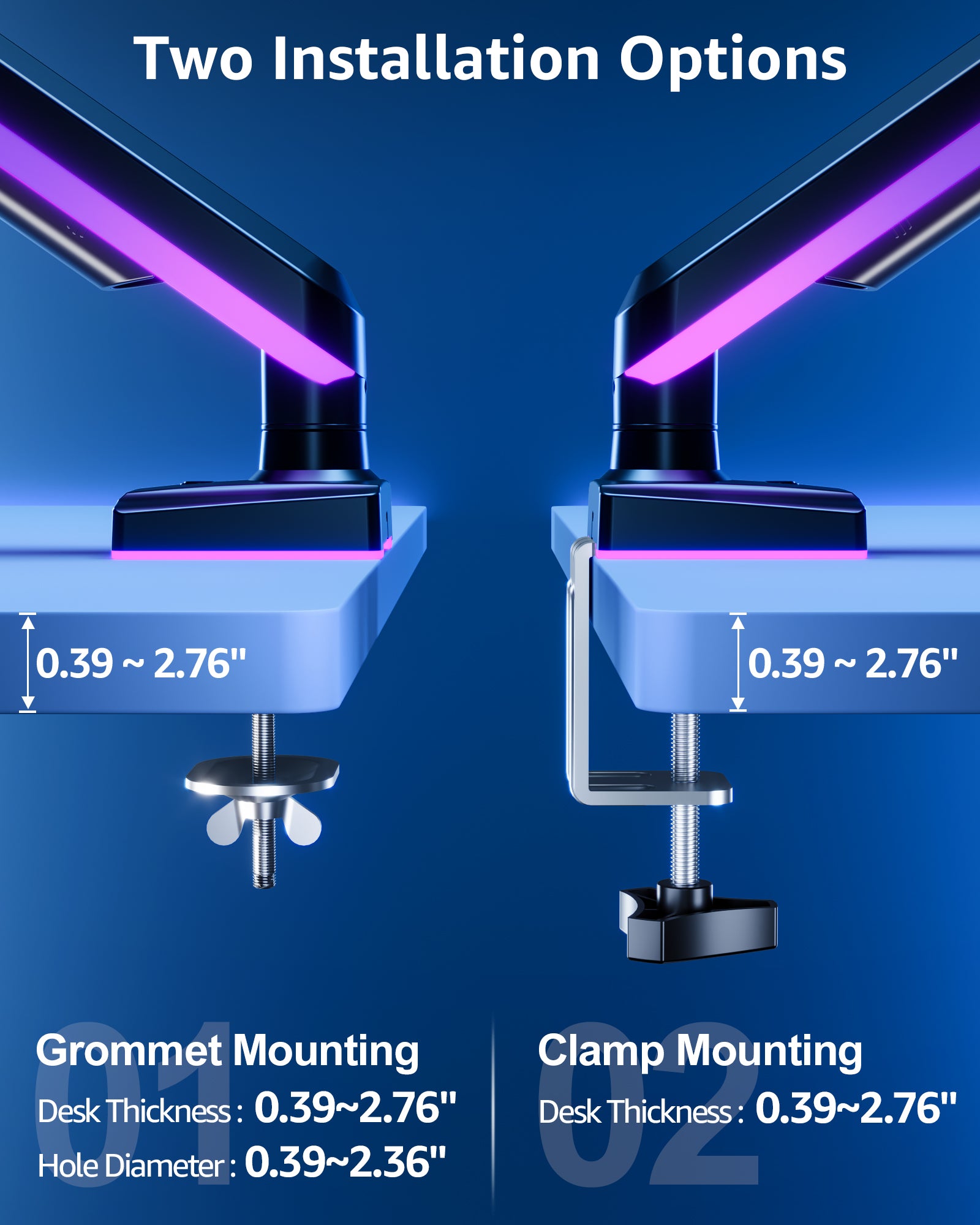 MOUNTUP RGB Single Monitor Arm Fits 32 27 24 22 inch, Holds 4.4-22lbs Screens, Monitor Stand for Desk with RGB Lights, 19 Modes, Computer Monitors Desk Mount, VESA Mount with Clamp & Grommet Bases