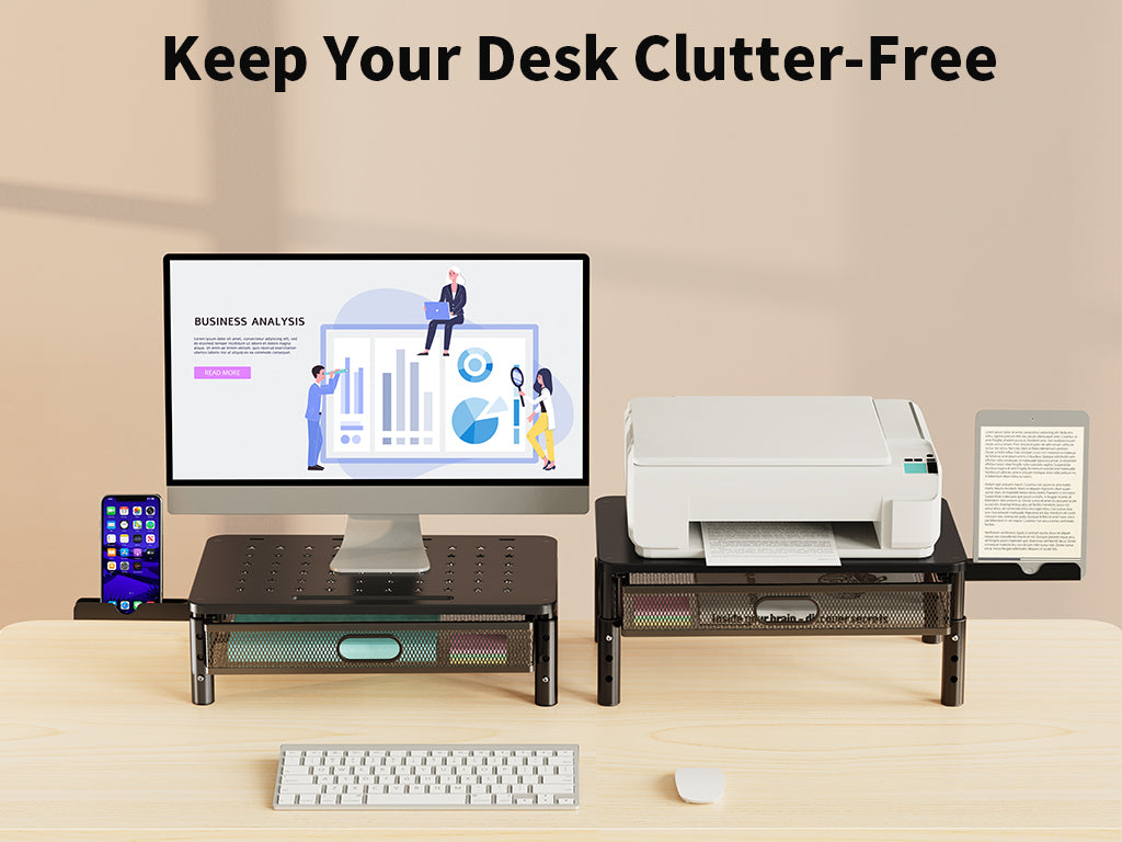 View Free Monitor Stand Riser with Metal Mesh Drawer, Height Adjustable with Phone Holder VF93103