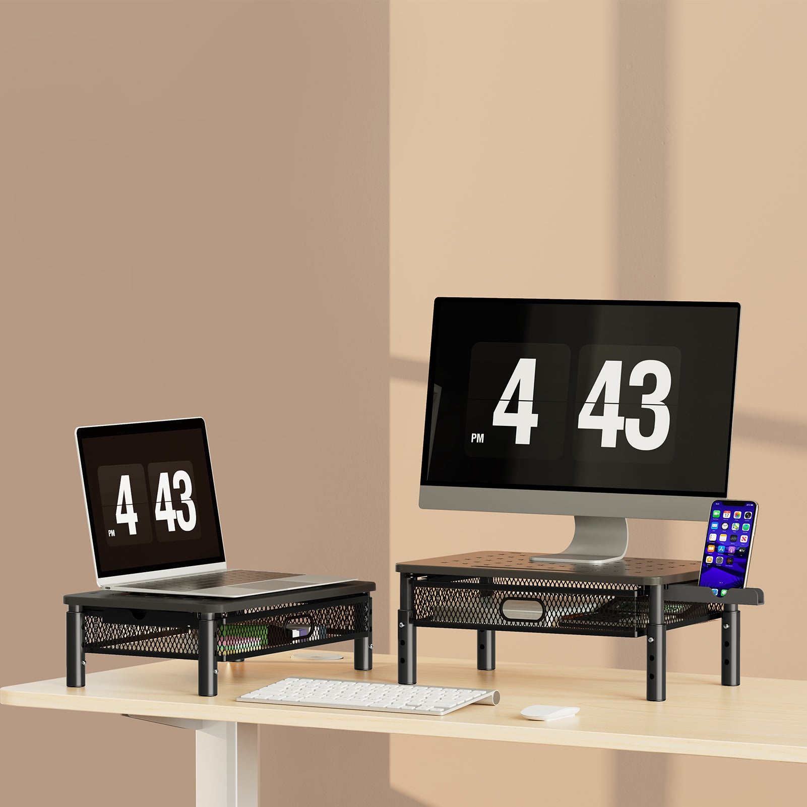 View Free Monitor Stand Riser with Metal Mesh Drawer, Height Adjustable with Phone Holder VF93103