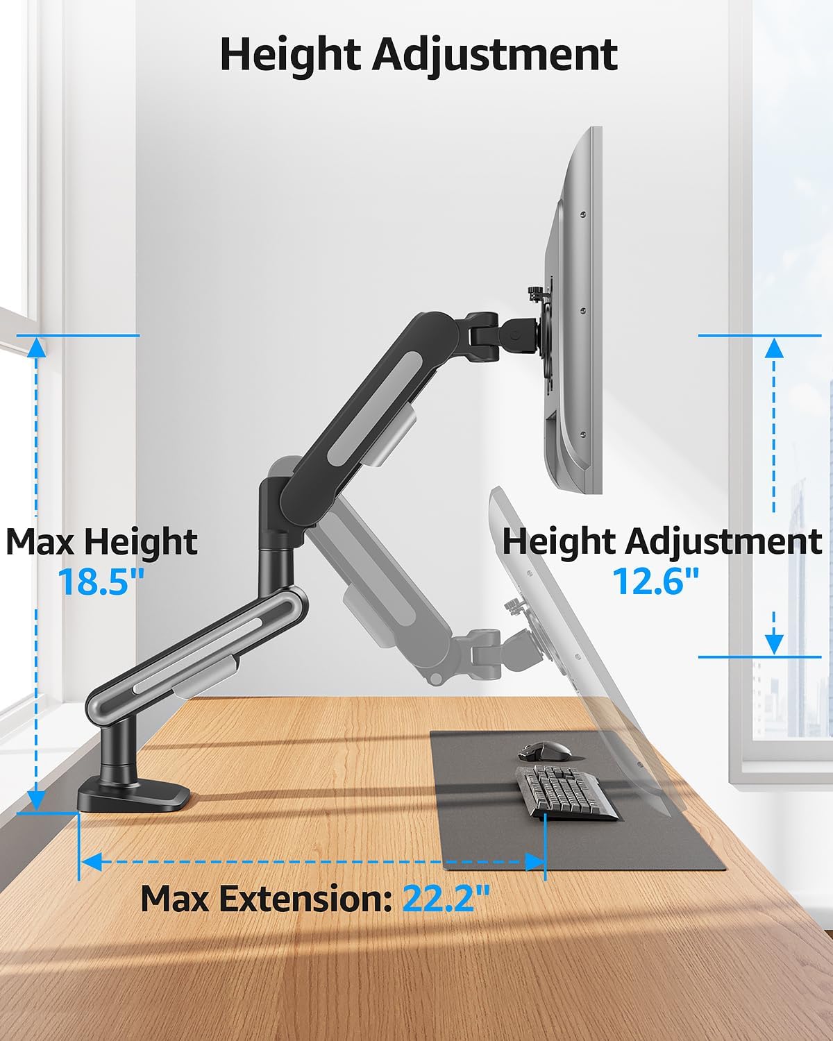 MOUNTUP Single Monitor Desk Mount Holds Max 26.5lbs, Monitor Mount for 13-34 inch, Full-Motion Monitors Stand, Height Adjustable Gas Spring Monitors Arm with C-Clamp&Grommet Base