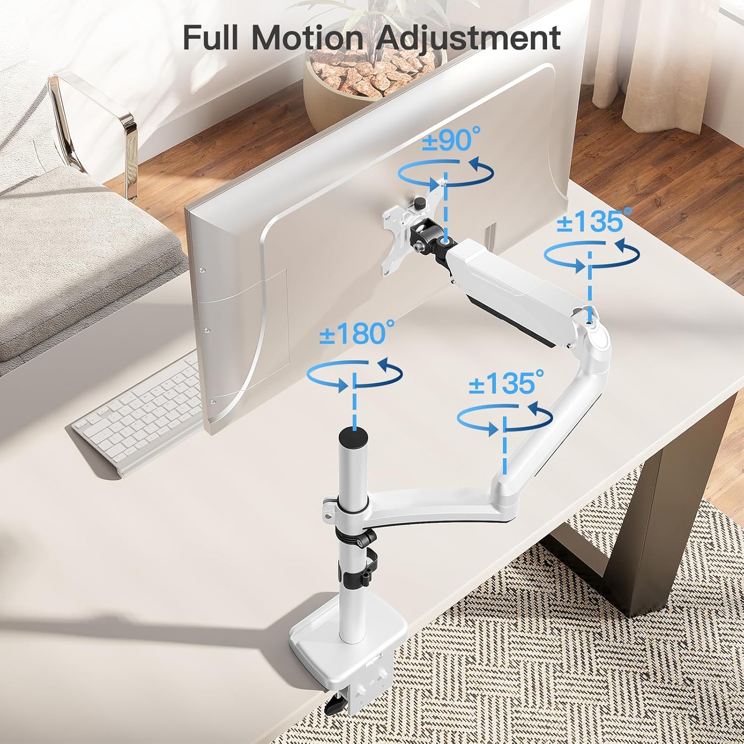 MOUNTUP Single Monitor Desk Mount, Monitor Mount for 13-32 inch, Long Arm Full-Motion Monitors Stand Holds Max 19.8lbs, Height Adjustable Gas Spring Monitors Arm with C-Clamp&Grommet Base, White