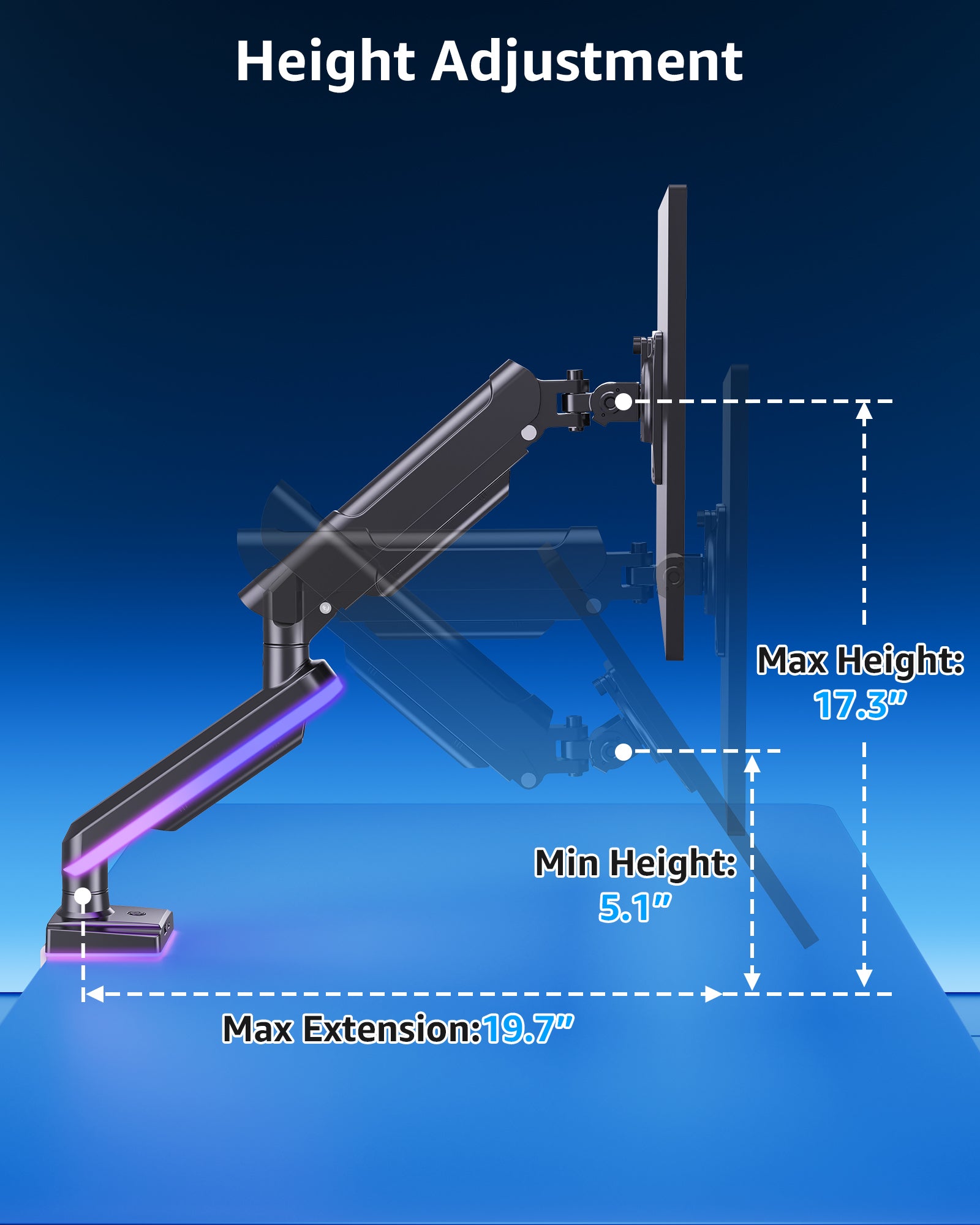 MOUNTUP RGB Single Monitor Arm Fits 32 27 24 22 inch, Holds 4.4-22lbs Screens, Monitor Stand for Desk with RGB Lights, 19 Modes, Computer Monitors Desk Mount, VESA Mount with Clamp & Grommet Bases