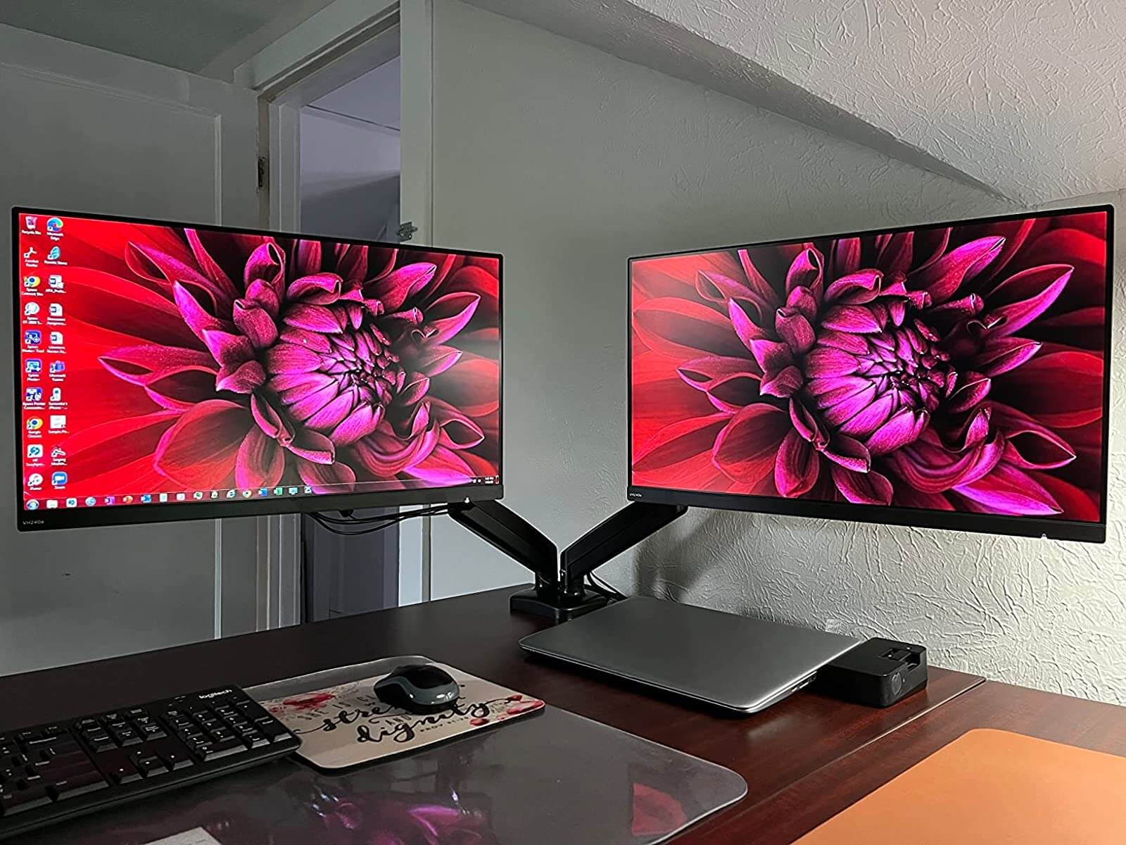 desk setup with dual monitor mount MP0005