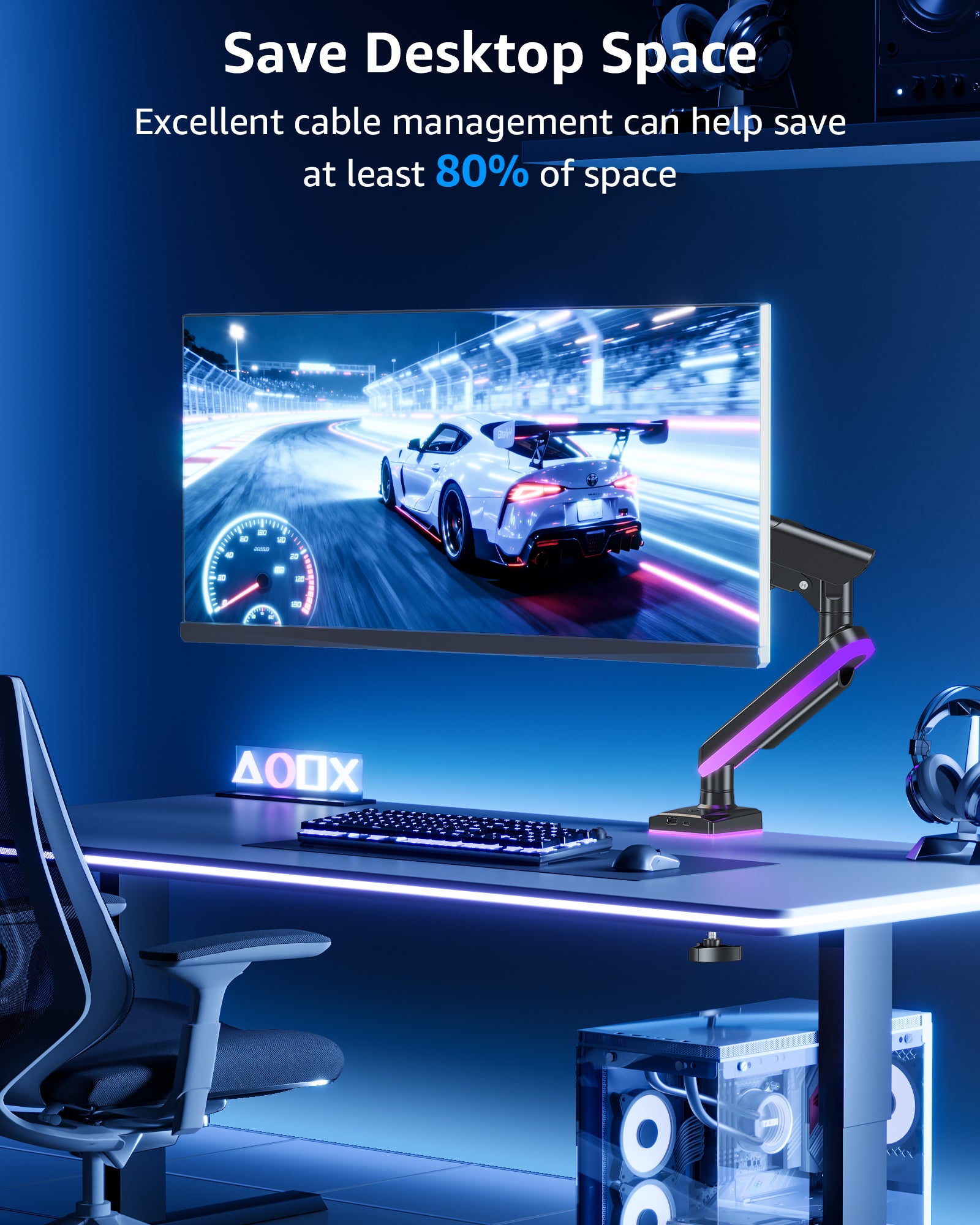 MOUNTUP RGB Single Monitor Arm Fits 32 27 24 22 inch, Holds 4.4-22lbs Screens, Monitor Stand for Desk with RGB Lights, 19 Modes, Computer Monitors Desk Mount, VESA Mount with Clamp & Grommet Bases