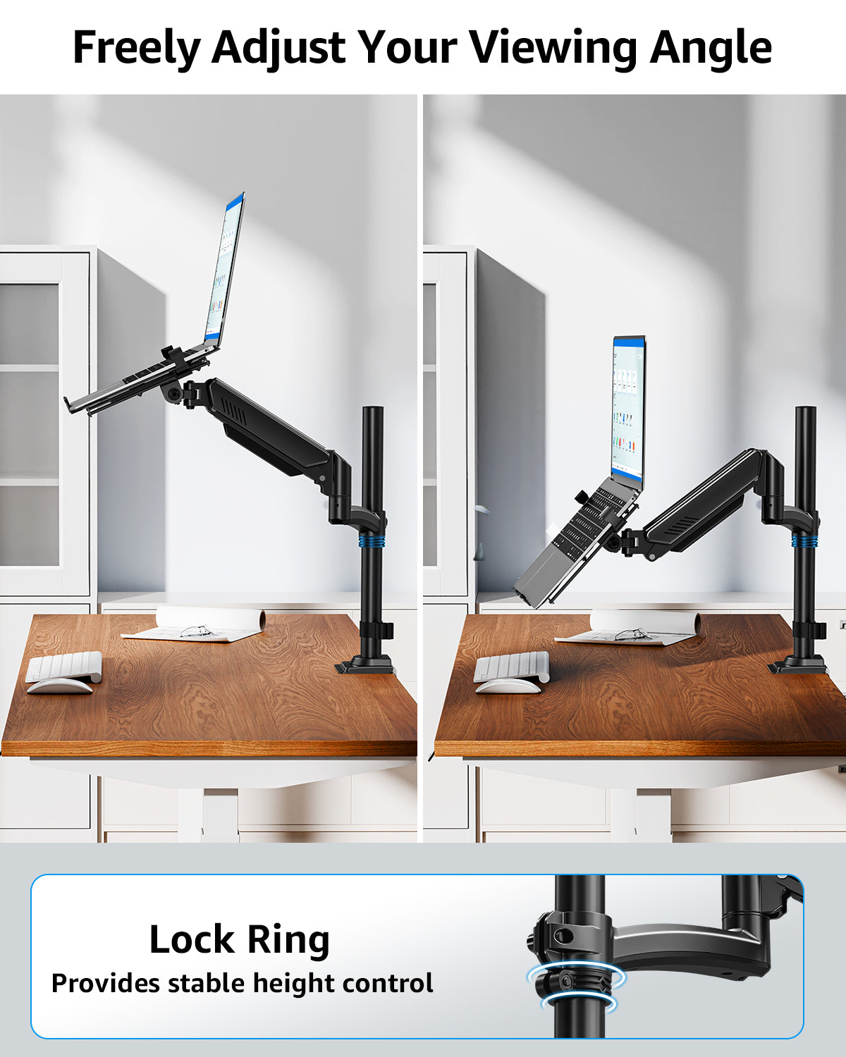 MOUNTUP Laptop Desk Mount, Adjustable Laptop Stand for max 17" Notebook or 32" Monitor, Laptops Arm Mount for Desk Holds 4.4-22lbs, Tall Laptops Mount with Clamp/Grommet