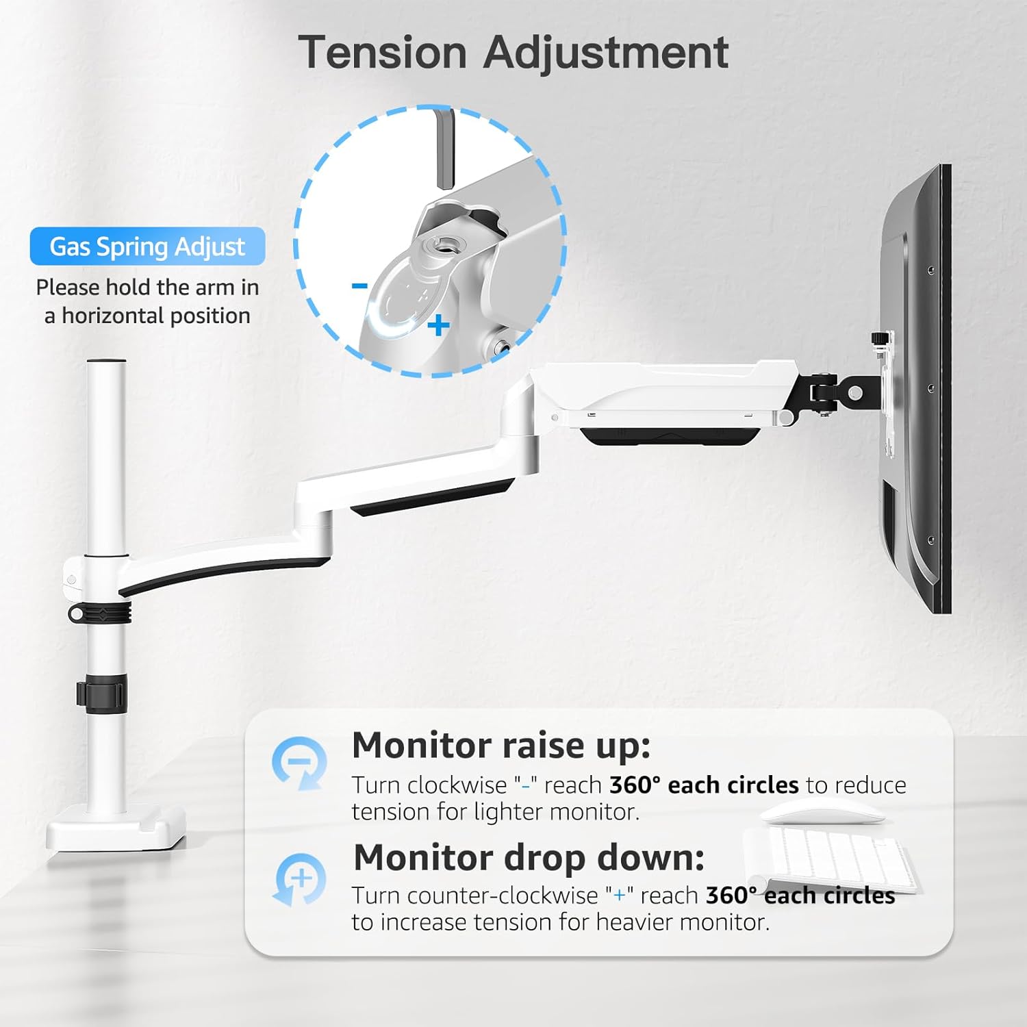 MOUNTUP Single Monitor Desk Mount, Monitor Mount for 13-32 inch, Long Arm Full-Motion Monitors Stand Holds Max 19.8lbs, Height Adjustable Gas Spring Monitors Arm with C-Clamp&Grommet Base, White