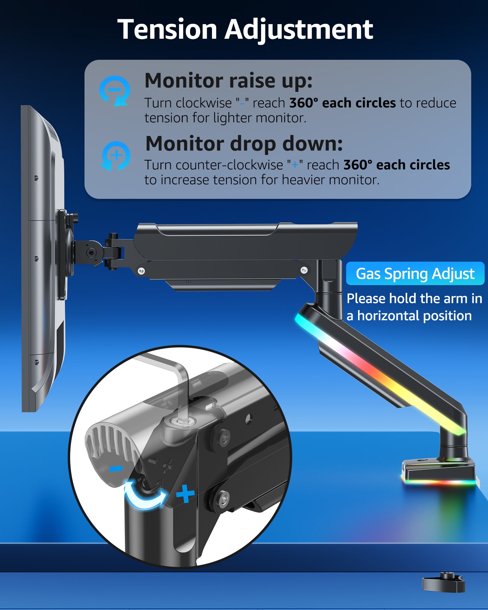 MOUNTUP RGB Single Monitor Arm Fits 32 27 24 22 inch, Holds 4.4-22lbs Screens, Monitor Stand for Desk with RGB Lights, 19 Modes, Computer Monitors Desk Mount, VESA Mount with Clamp & Grommet Bases