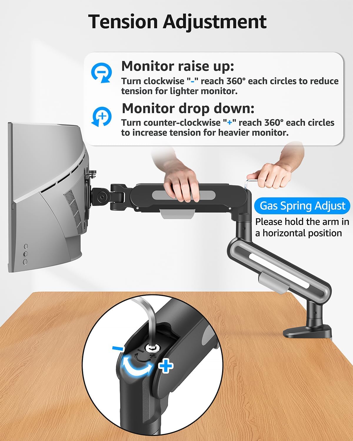 MOUNTUP Single Monitor Desk Mount Holds Max 26.5lbs, Monitor Mount for 13-34 inch, Full-Motion Monitors Stand, Height Adjustable Gas Spring Monitors Arm with C-Clamp&Grommet Base