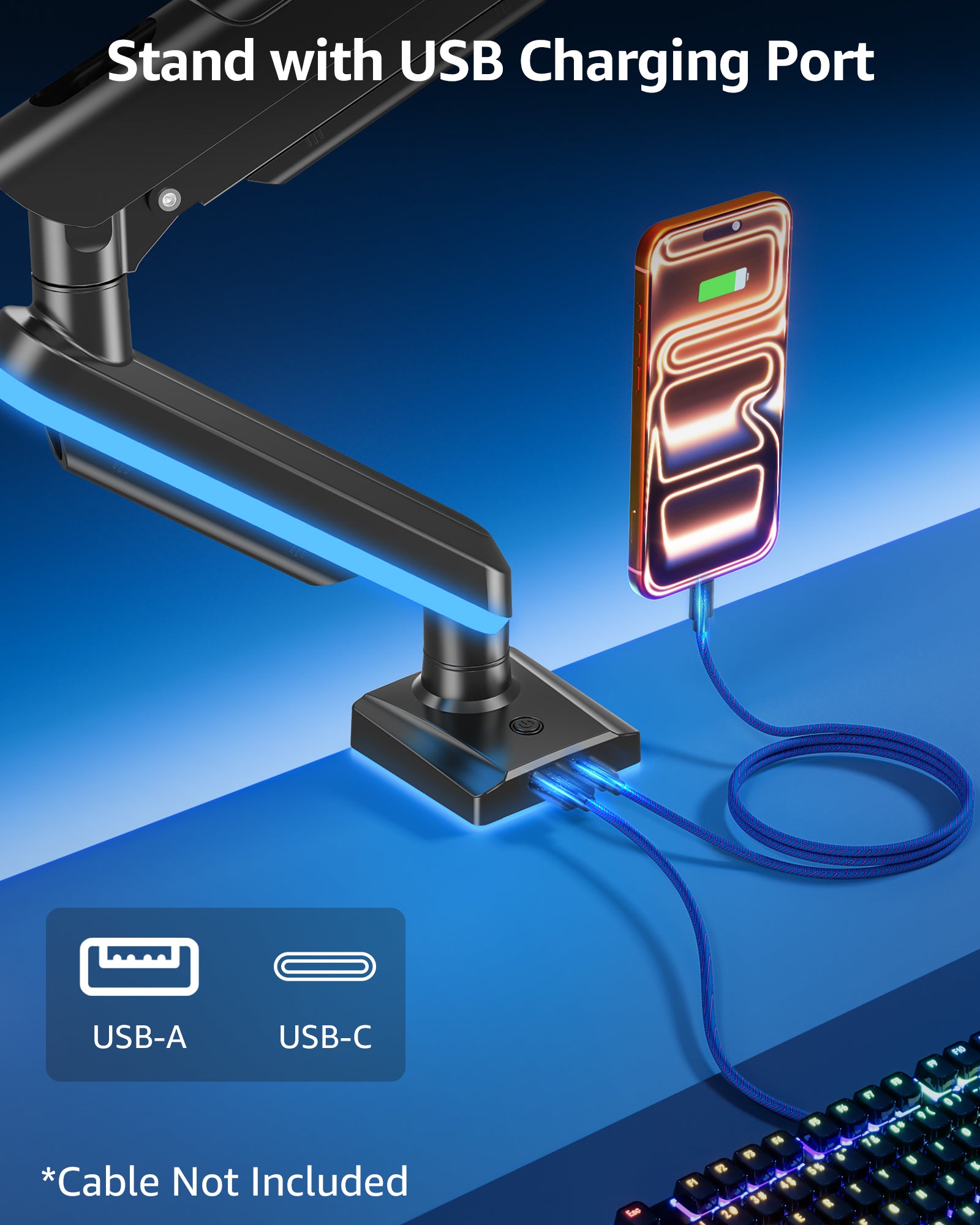 MOUNTUP RGB Single Monitor Arm Fits 32 27 24 22 inch, Holds 4.4-22lbs Screens, Monitor Stand for Desk with RGB Lights, 19 Modes, Computer Monitors Desk Mount, VESA Mount with Clamp & Grommet Bases