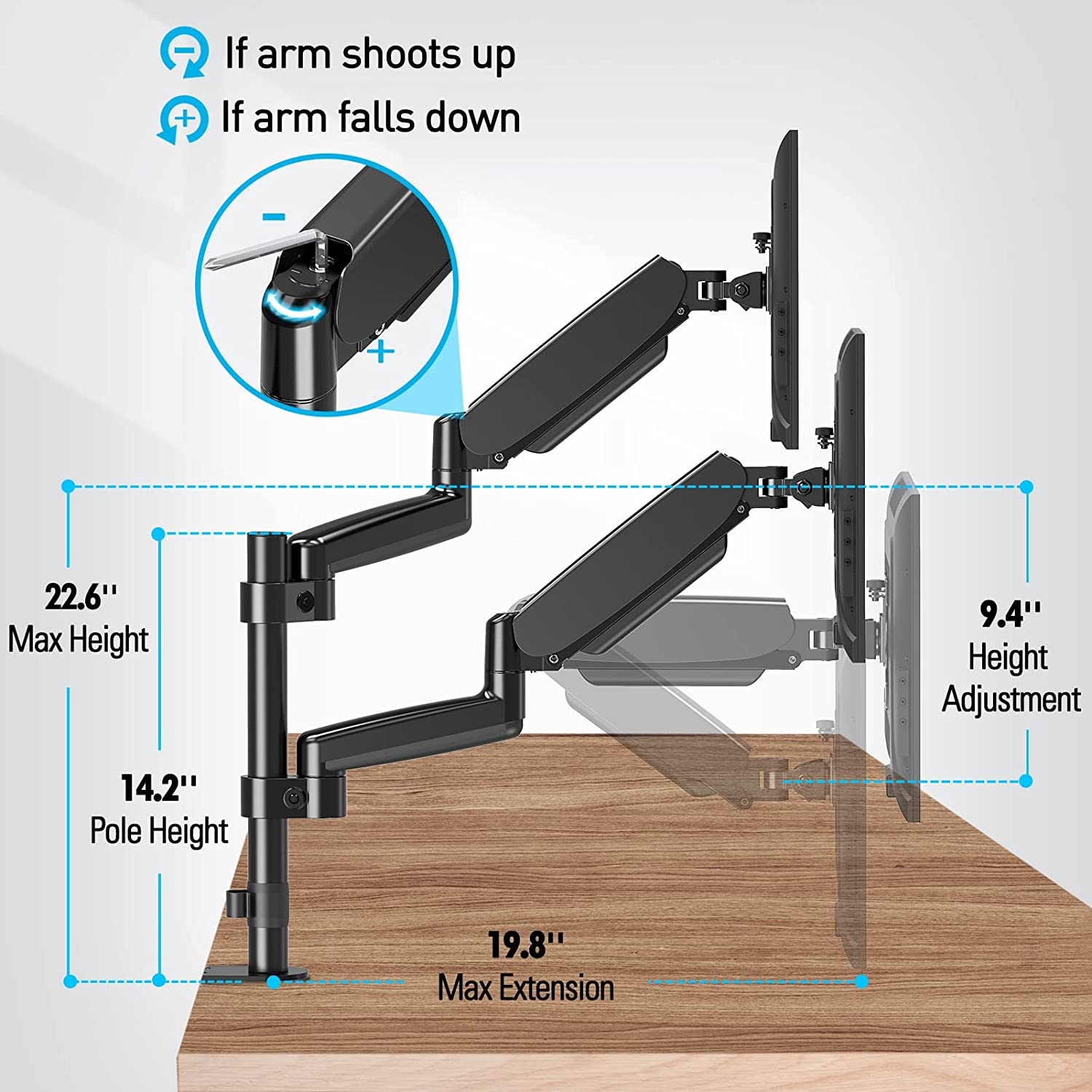 dual monitor stand adjusts the gas spring tension for easy adjustment