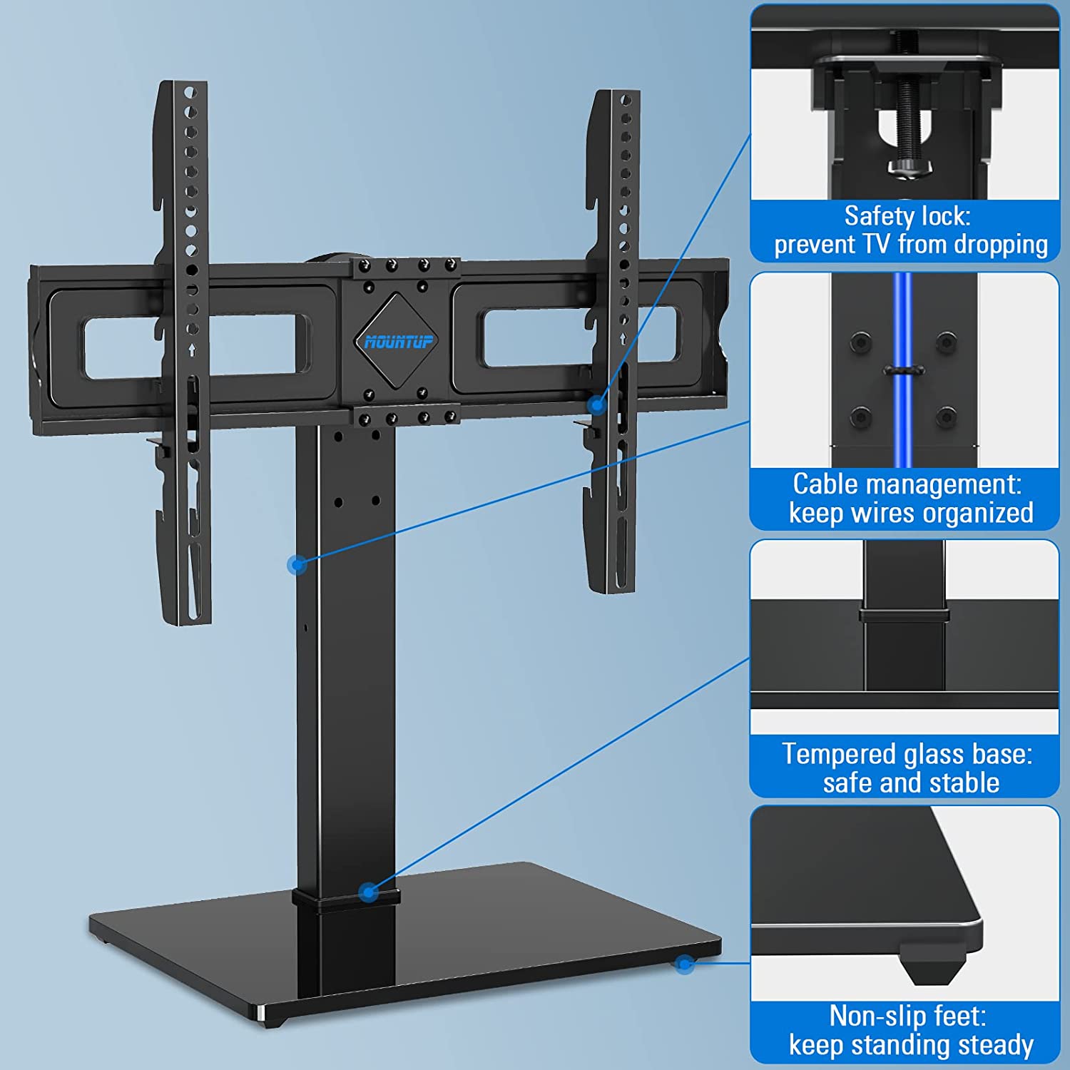 TV swivel stand with safety lock, cable management, and non-slip feat to secure safety