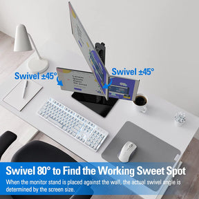 Dual monitor stand swivels monitors 45° left or right