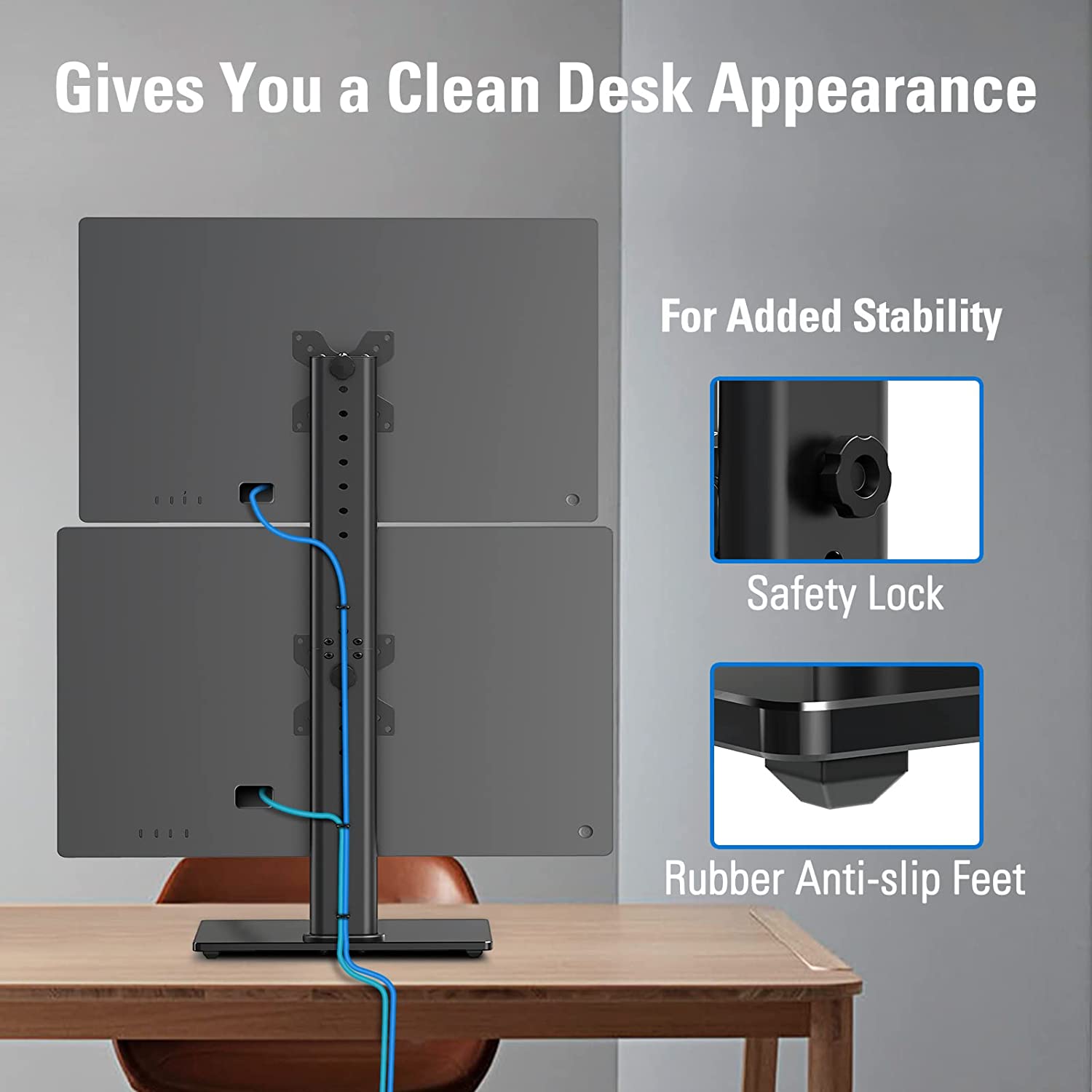 vertical dual monitor stand frees up and cleans up your desktop