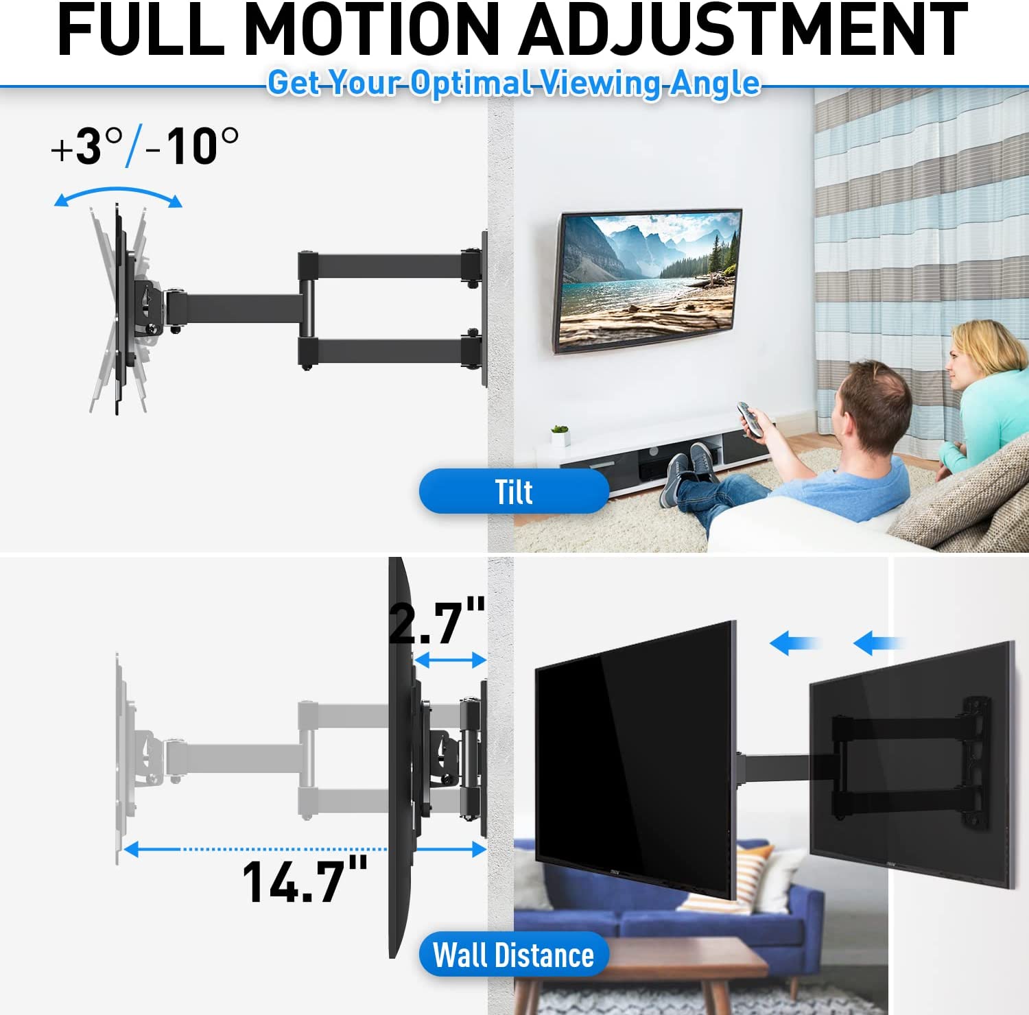 extendable TV mount tilts the TV up or down to have comfortable viewing