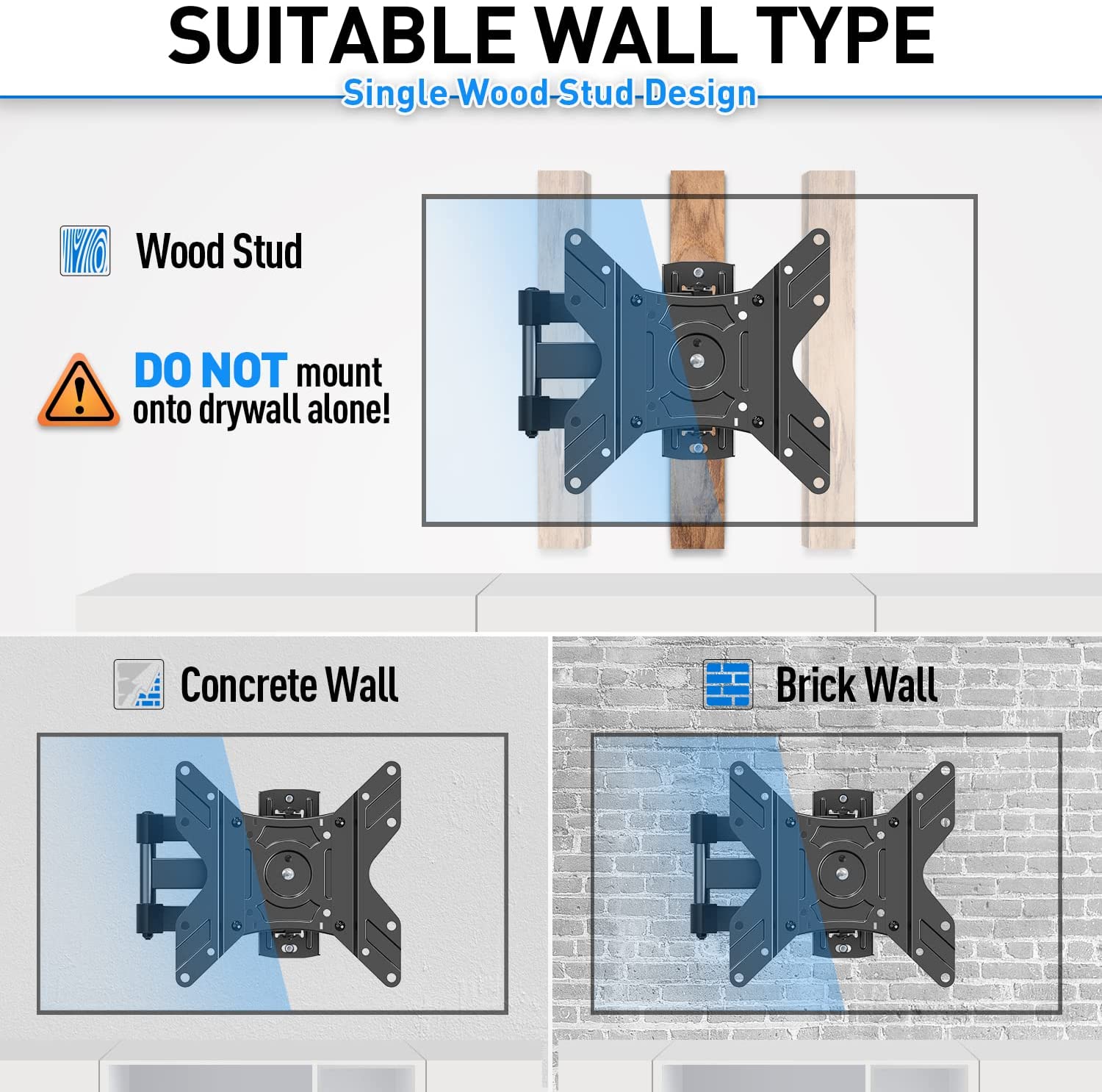 single stud TV mount on single wood stud or concrete/brick wall