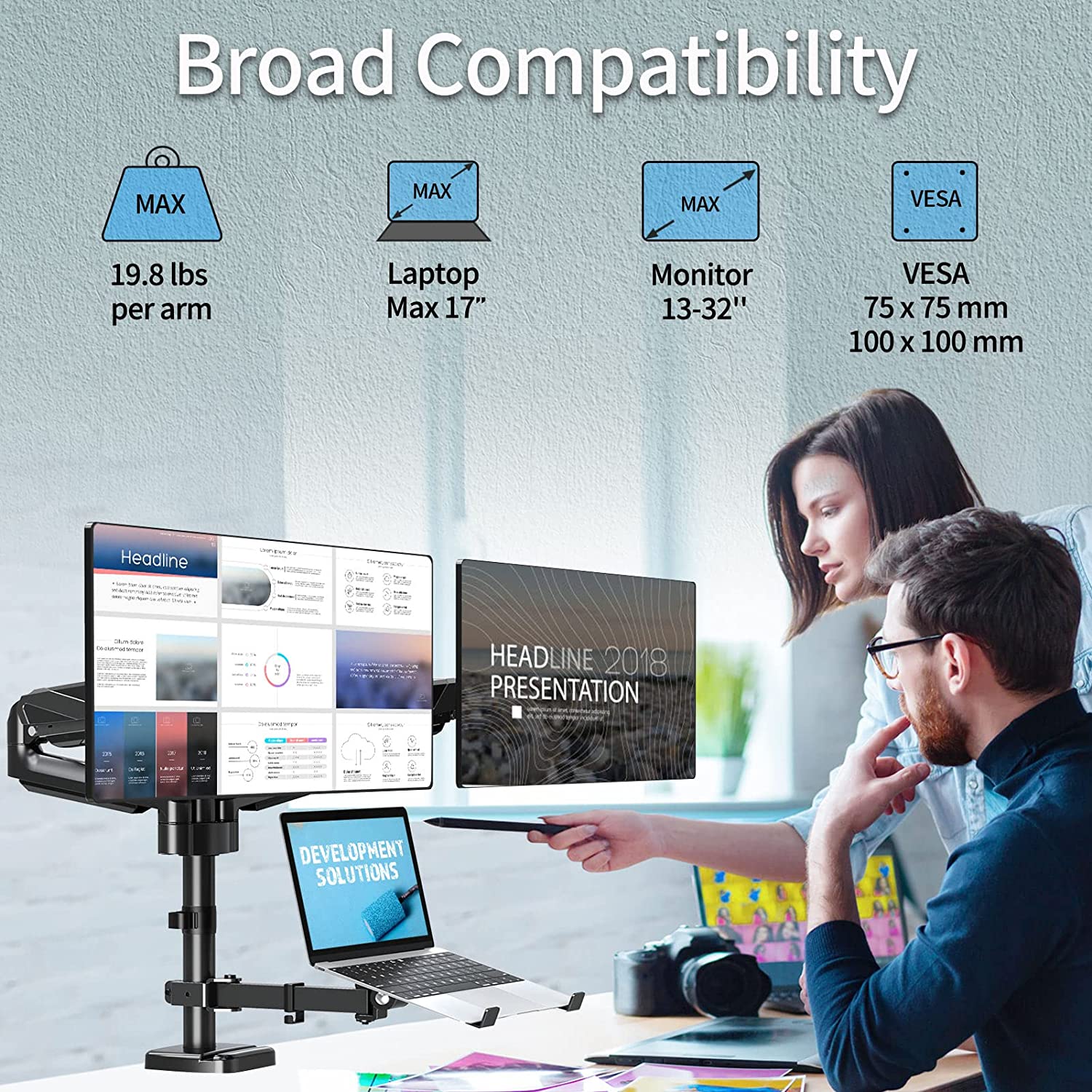 monitor and laptop mount loads up to 19.8 lbs  per arm