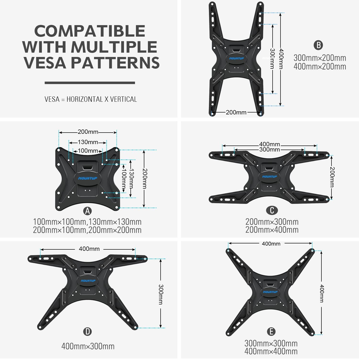 full motion TV mount fits VESA from 100×100 mm to 400×400 mm