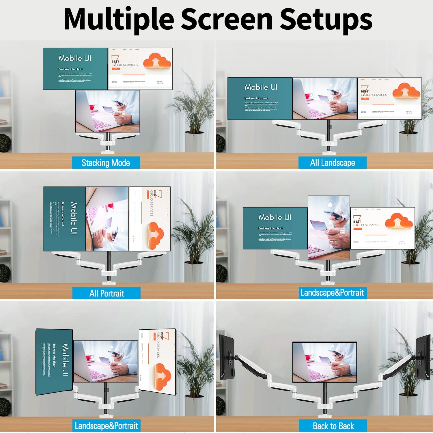 Triple monitor arm stacks 3 monitor to landscape or portrait orientation