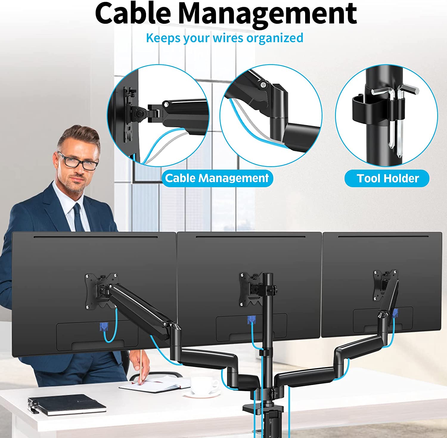 triple monitor mount keeps wires from monitor organized