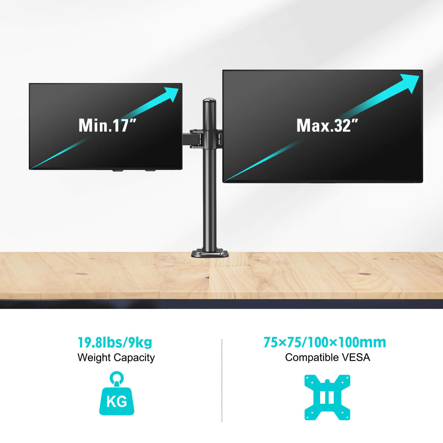 dual monitor desk stand loads up to 19.8 lbs per arm