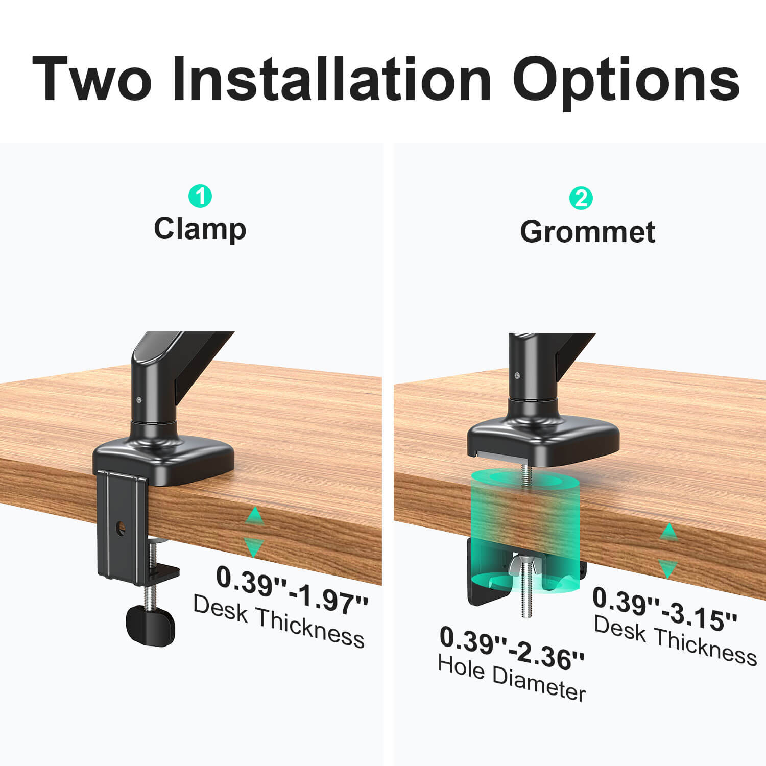 single monitor desk mount offers 2 installation options