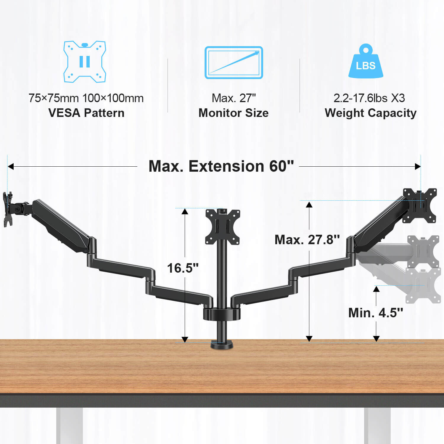 3 monitor stand fits max 27'' monitors loading up to 17.6 lbs.