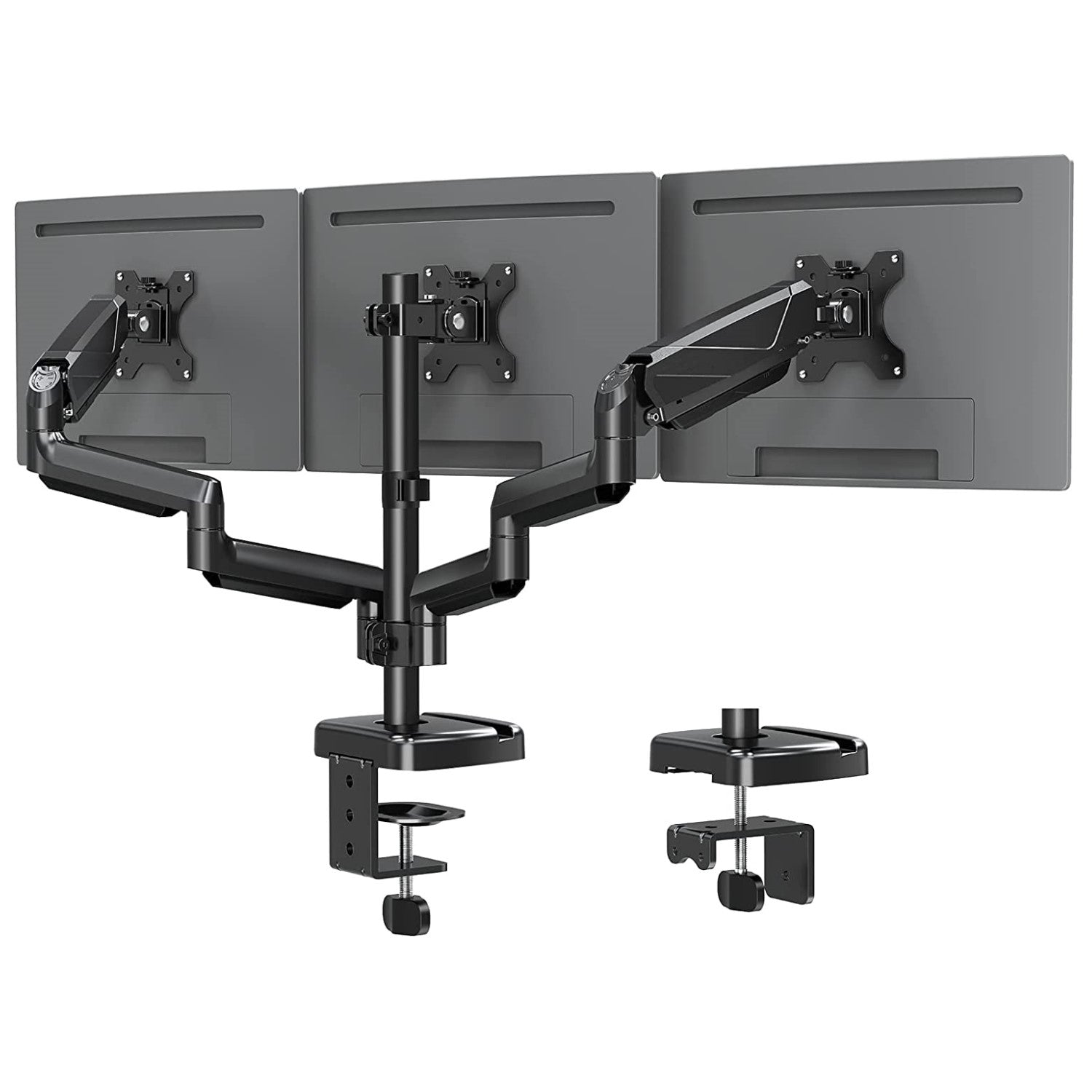 MOUNTUP Soporte de monitor triple para escritorio de cristal, con placa de  refuerzo de escritorio, soporte de escritorio de 3 monitores para pantallas