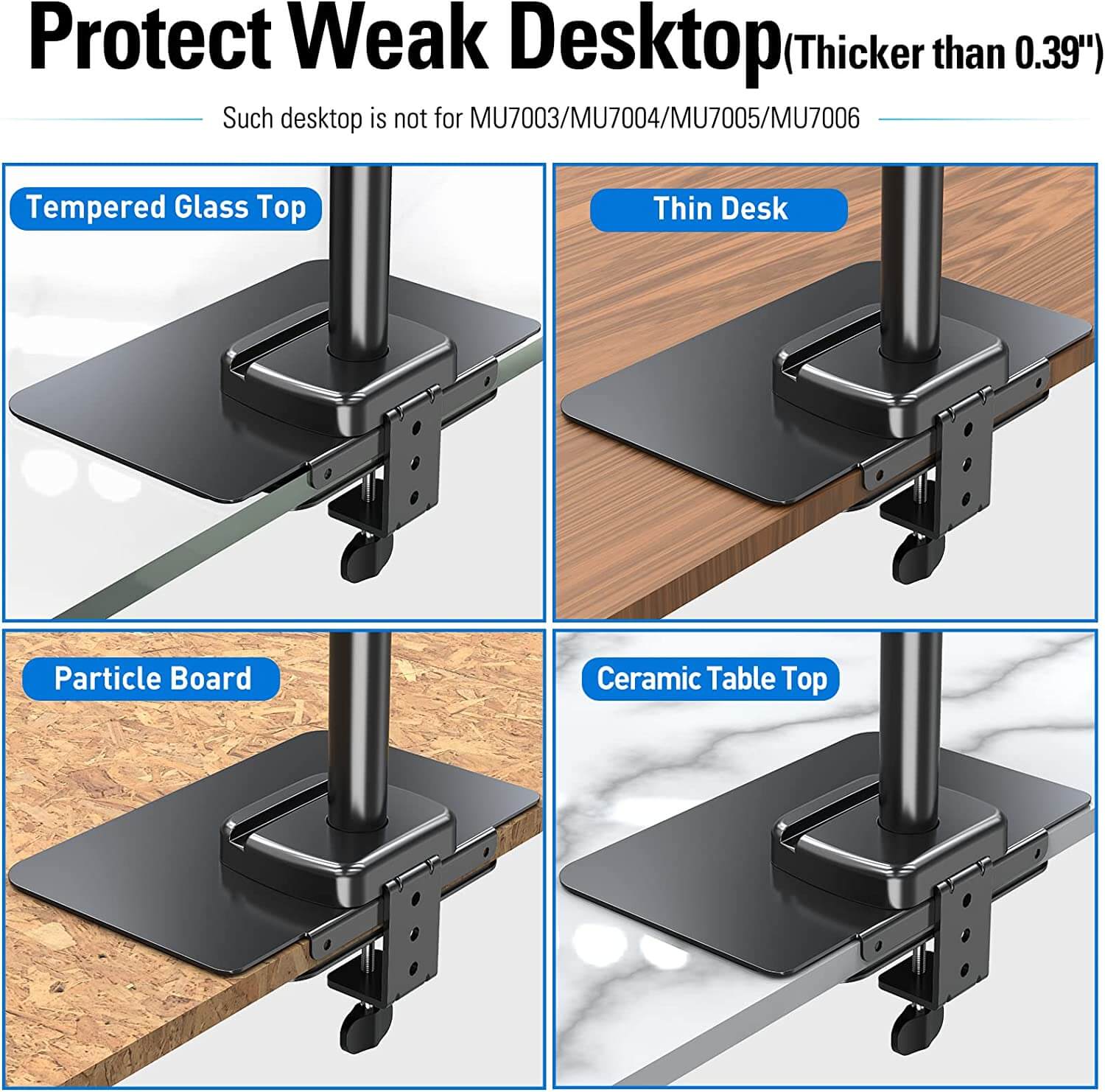 extended desk mount plate protect glass desktop, thin desk, ceramic tabletop